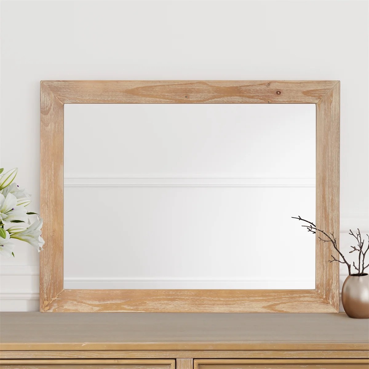 Rustic Wooden Framed Wall Mirror,Natural Wood Bathroom Vanity Mirror