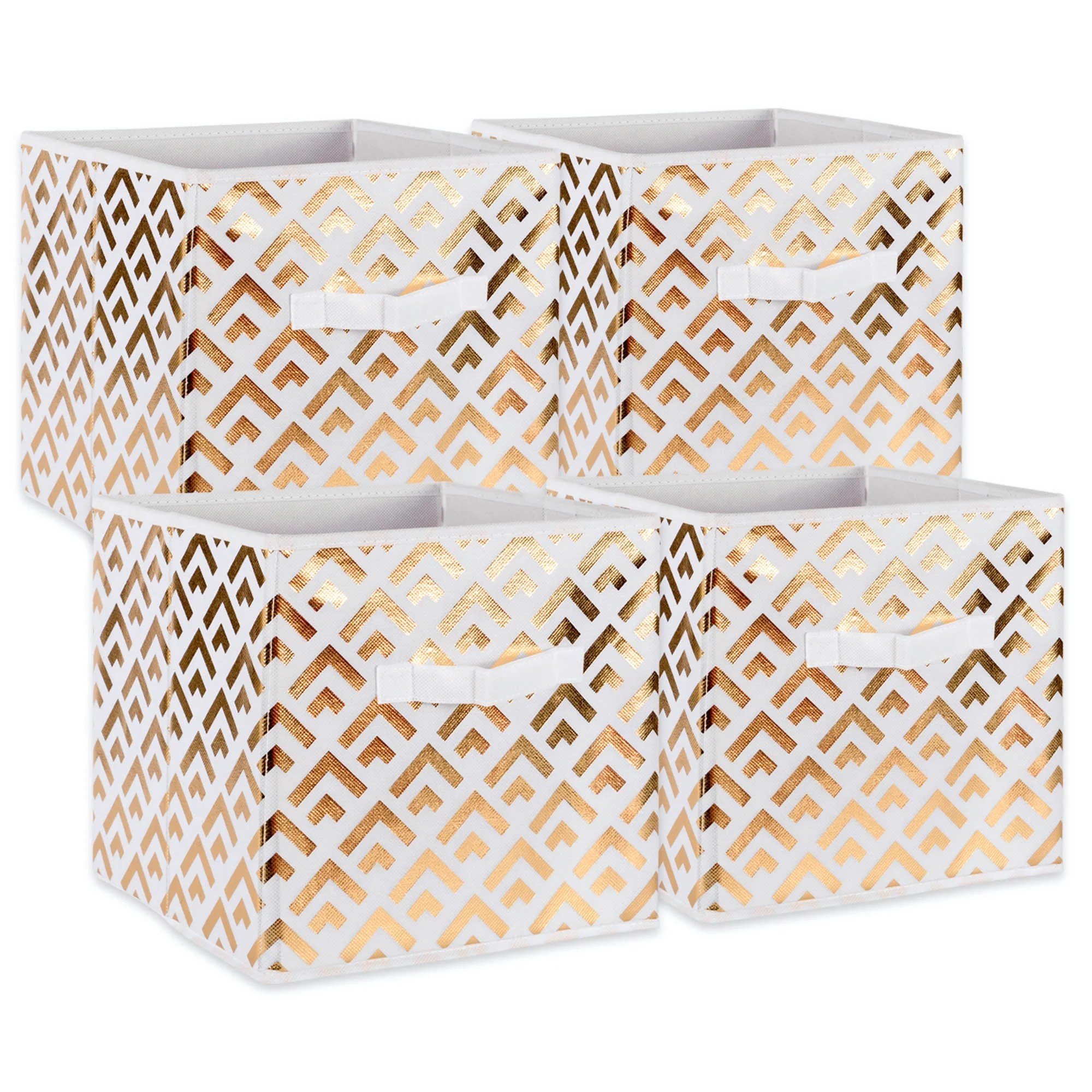 Set of 4 White and Gold Nonwoven Polyester Cube Storage Bin with Double