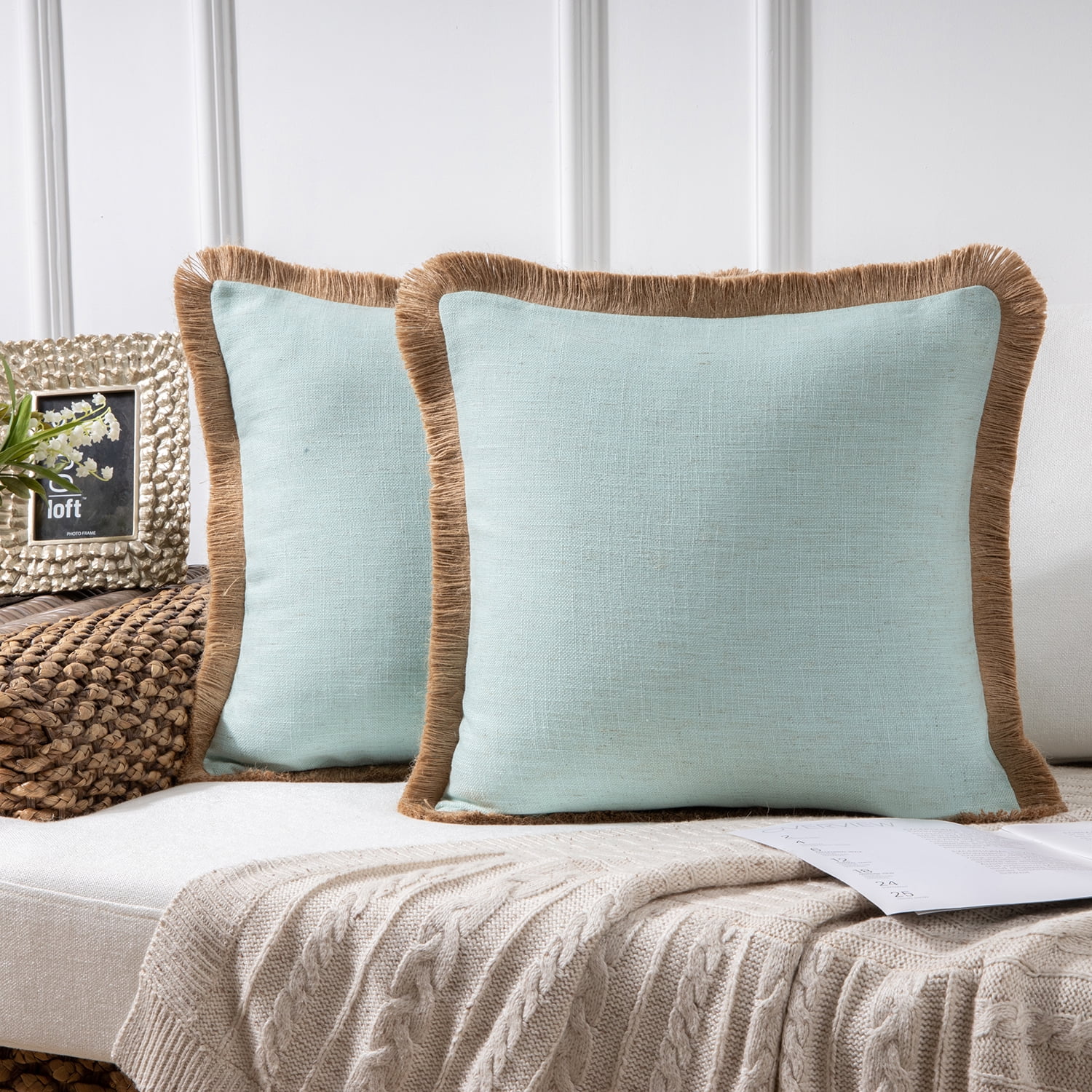 Phantoscope Linen Tassel Trimmed Farmhouse Series Decorative Throw Pillow, 18" x 18", Water Blue