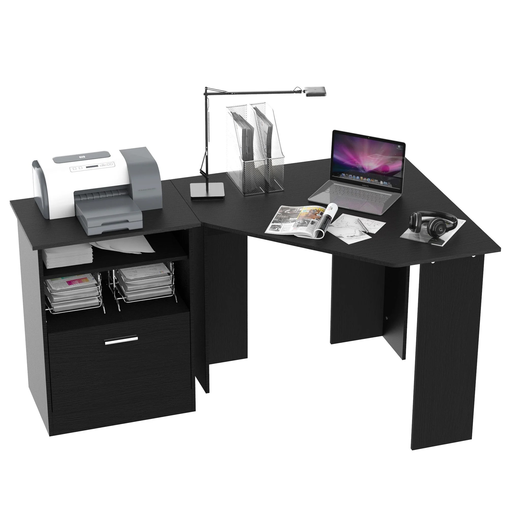 Computer Desk w/ Printer LShaped Wood Corner Table Desk Workstation Gaming PC