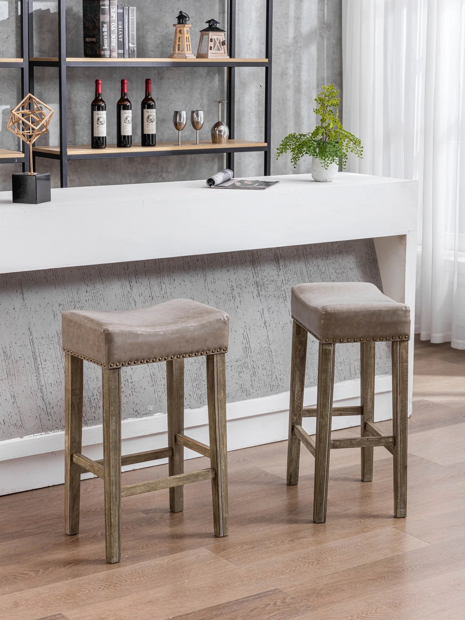 Set of 2 Counter Height Bar Stools, 29 inch Backless PU Leather Kitchen