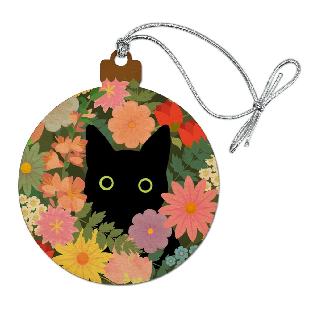 Black Cat Hiding in Spring Flowers Wood Christmas Tree