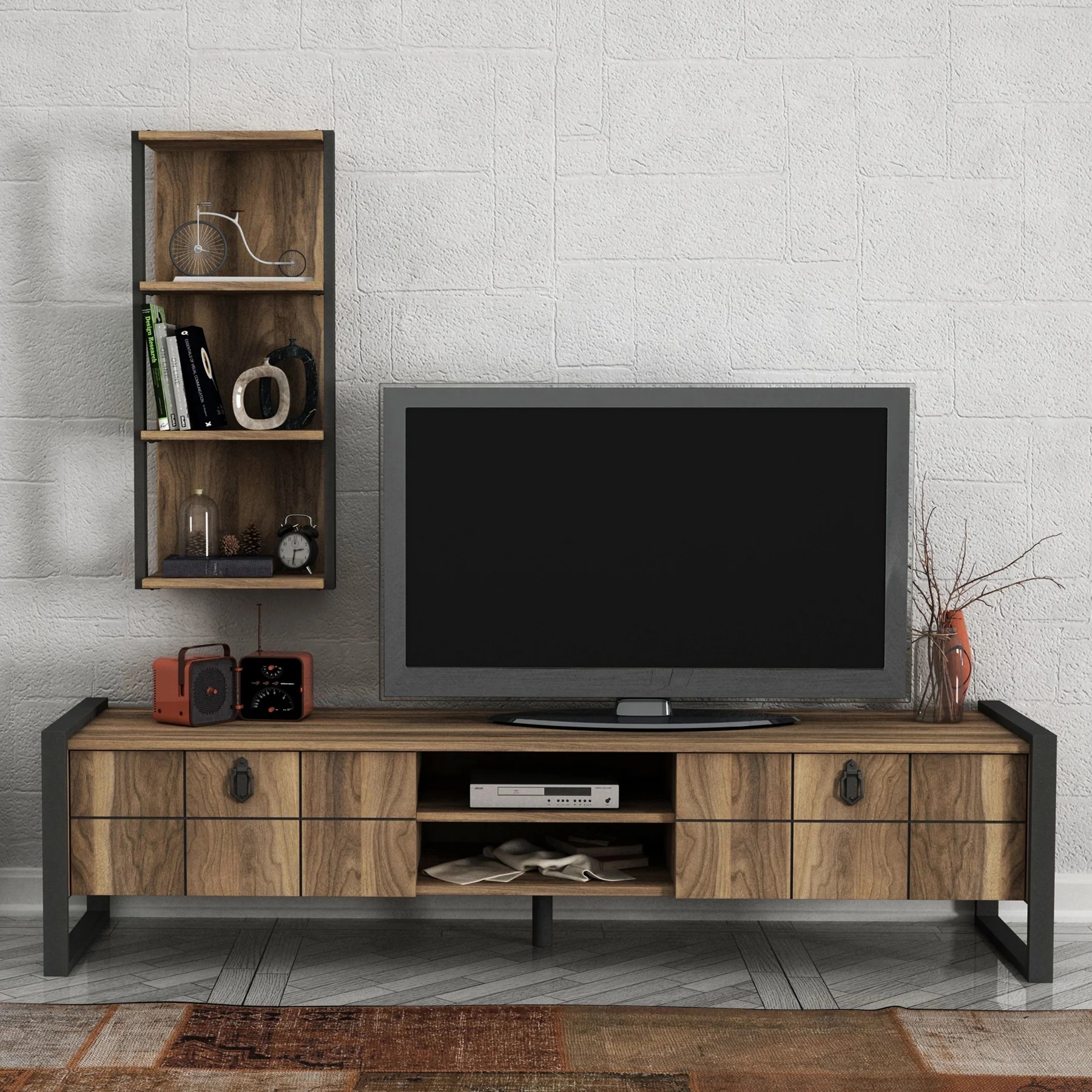 Sayre Lust TV Unit with Vertical Wall Shelf, Vintage Design, Durable Sayre Lust TV Unit with Vertical Wall Shelf, Vintage Design, Durable