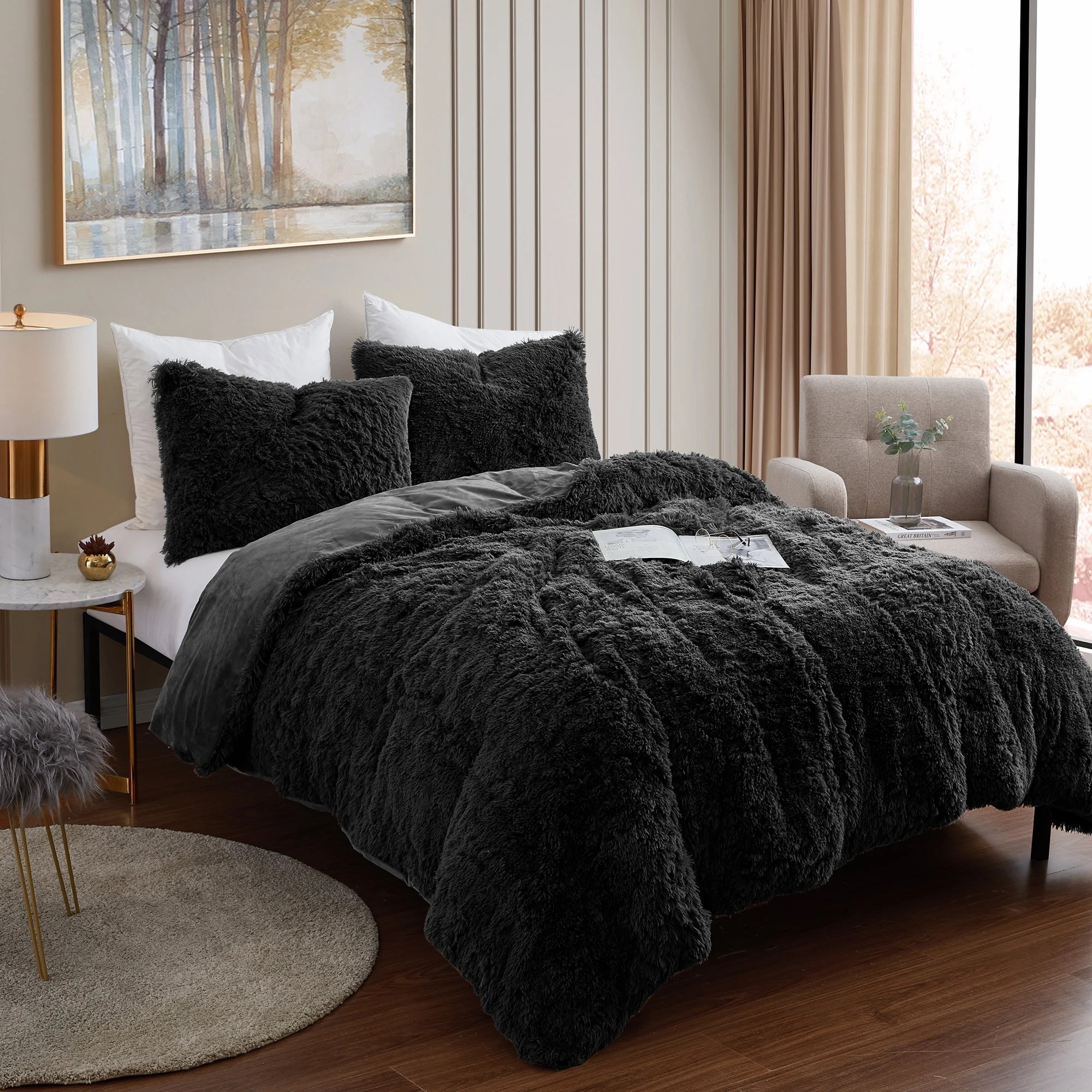 Long Plush Shaggy Faux Fur 3 Piece Comforter Set King Black