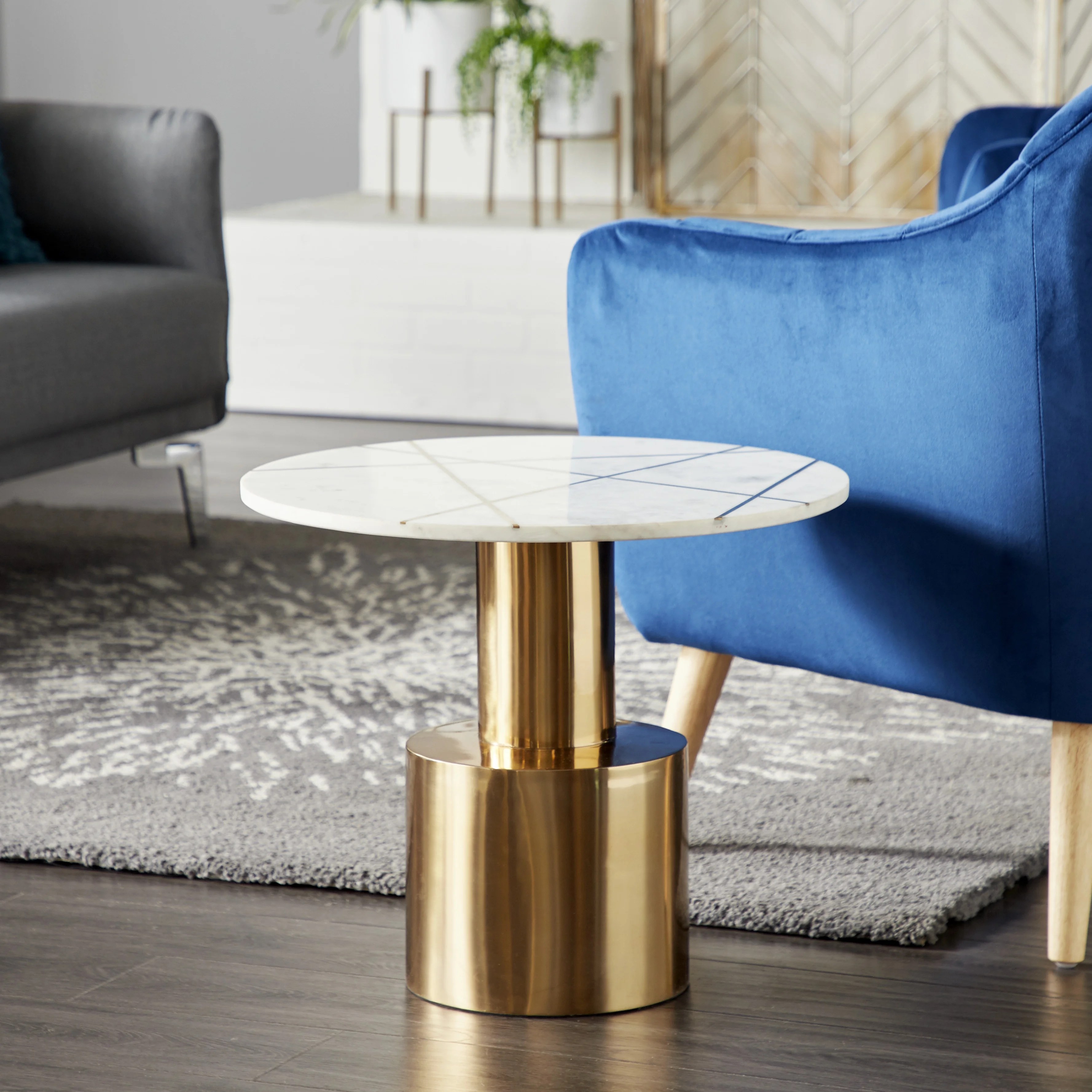 DecMode Gold Metal Coffee Table With White Marble Top, 20" X 17 DecMode Gold Metal Coffee Table With White Marble Top, 20" X 17
