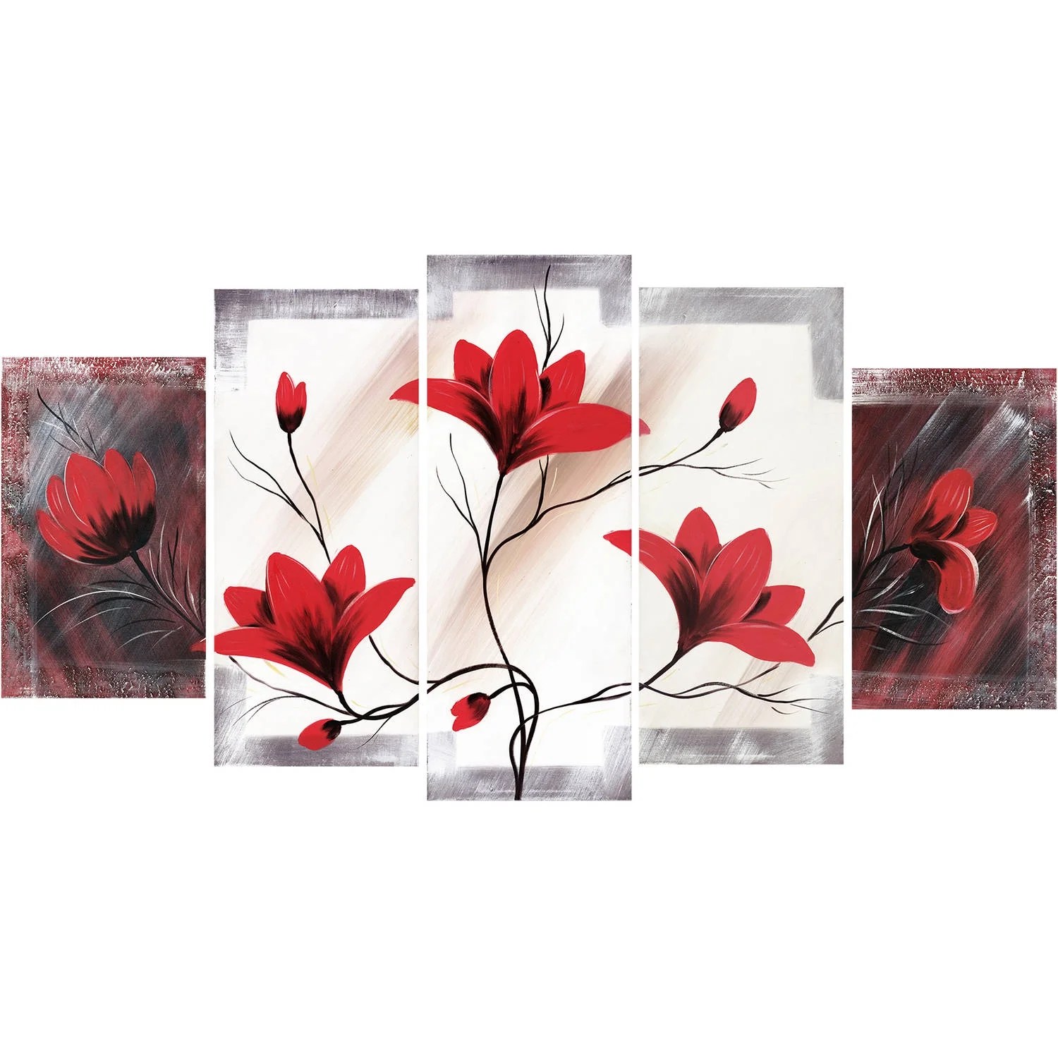 Design Art Red Flower Canvas Art, 5 Pieces, 60" x 32"