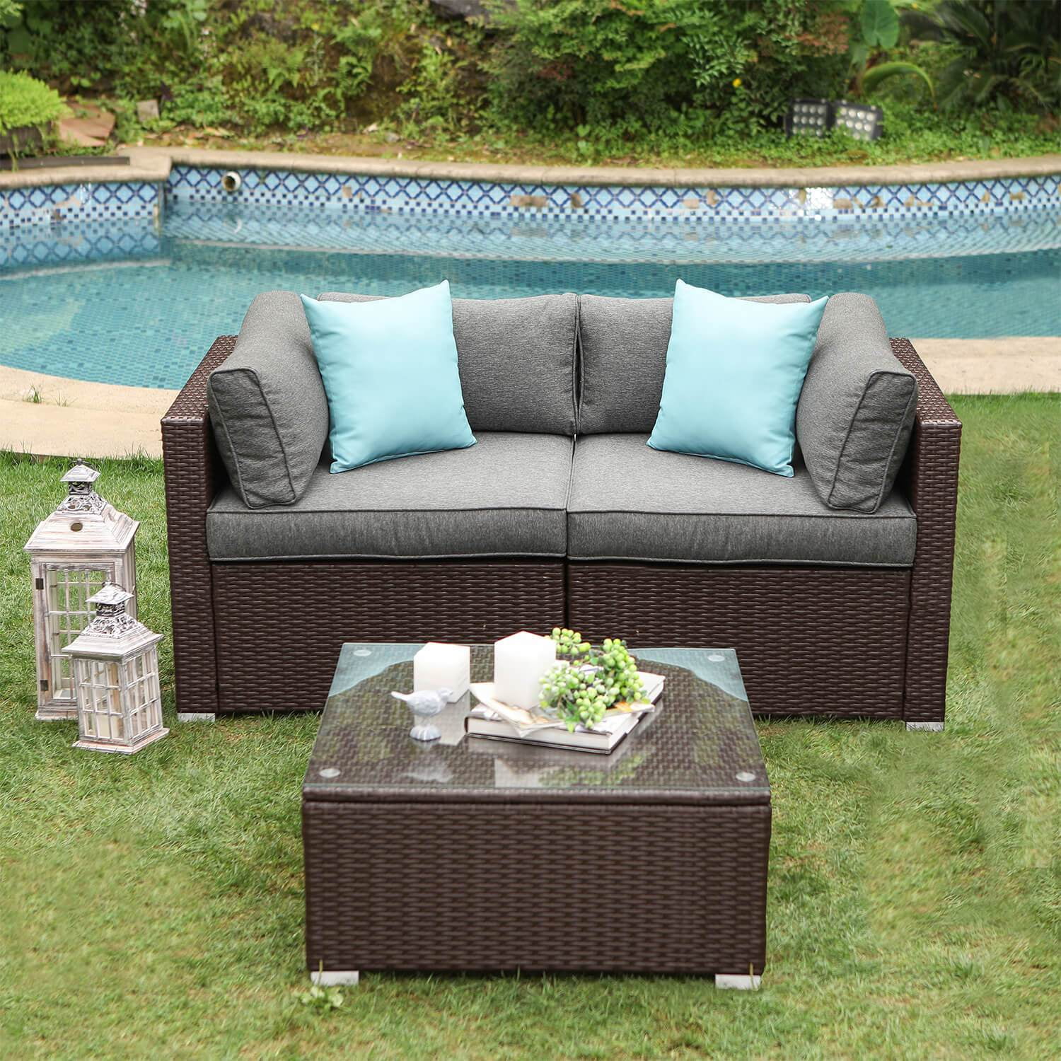 COSIEST 3Piece Outdoor Loveseat Chocolate Brown Wicker Sectional Sofa