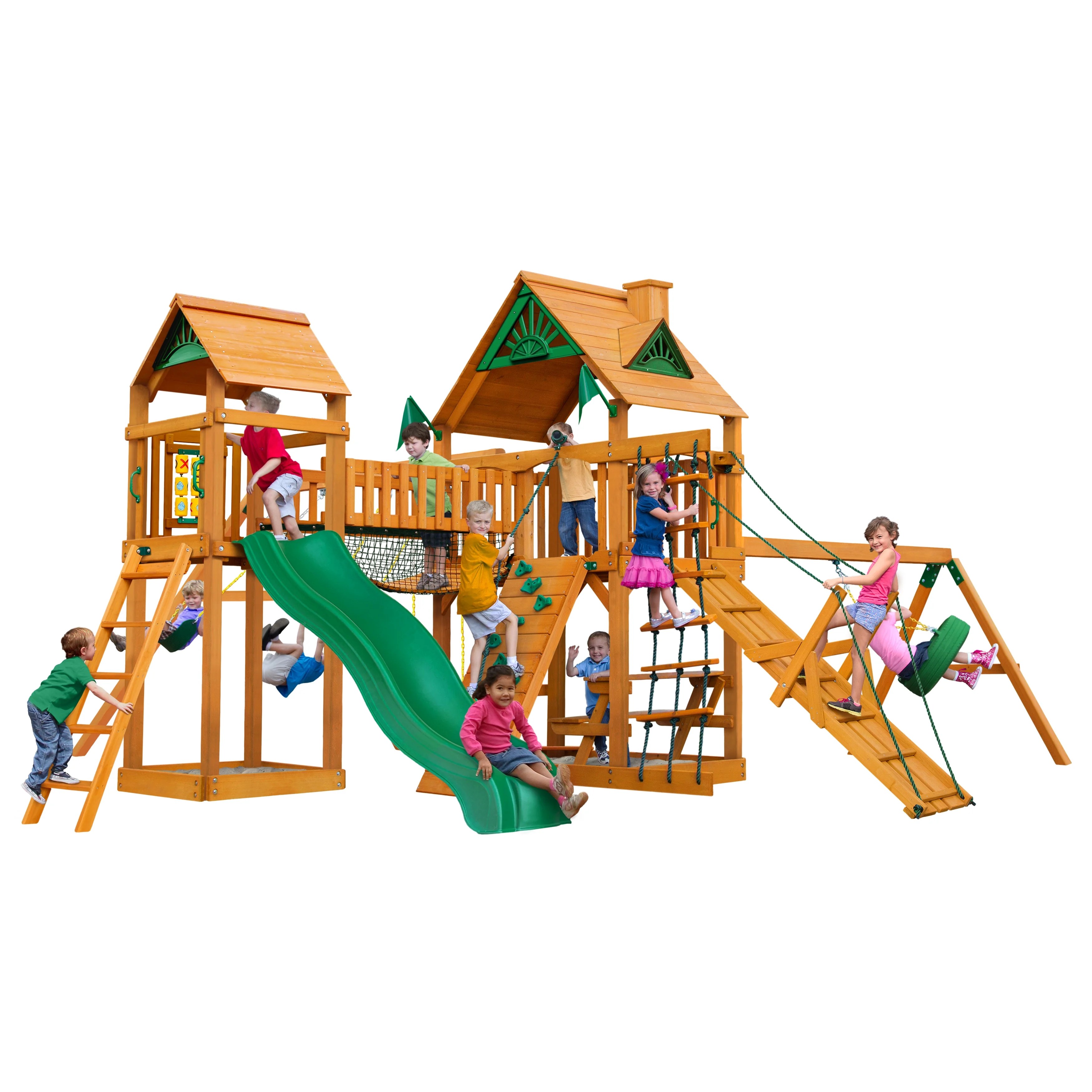 Gorilla Playsets Pioneer Peak Wooden Swing Set with Wood Roof, Tire