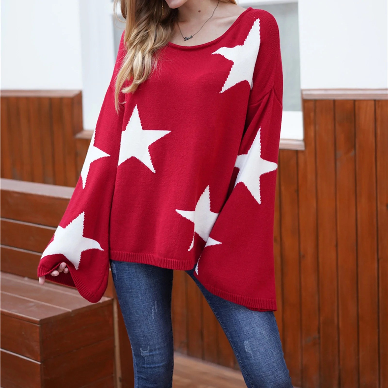 WJHWSX Sweater for Women 2022 Trendy Trumpet Sleeve Pullover