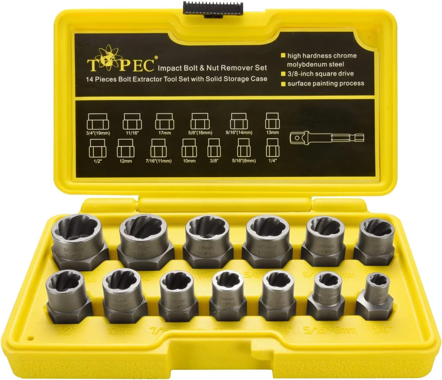 13+1 Pieces Impact Bolt & Nut Remover Set ⅜Drive Impact Made by TOPEC