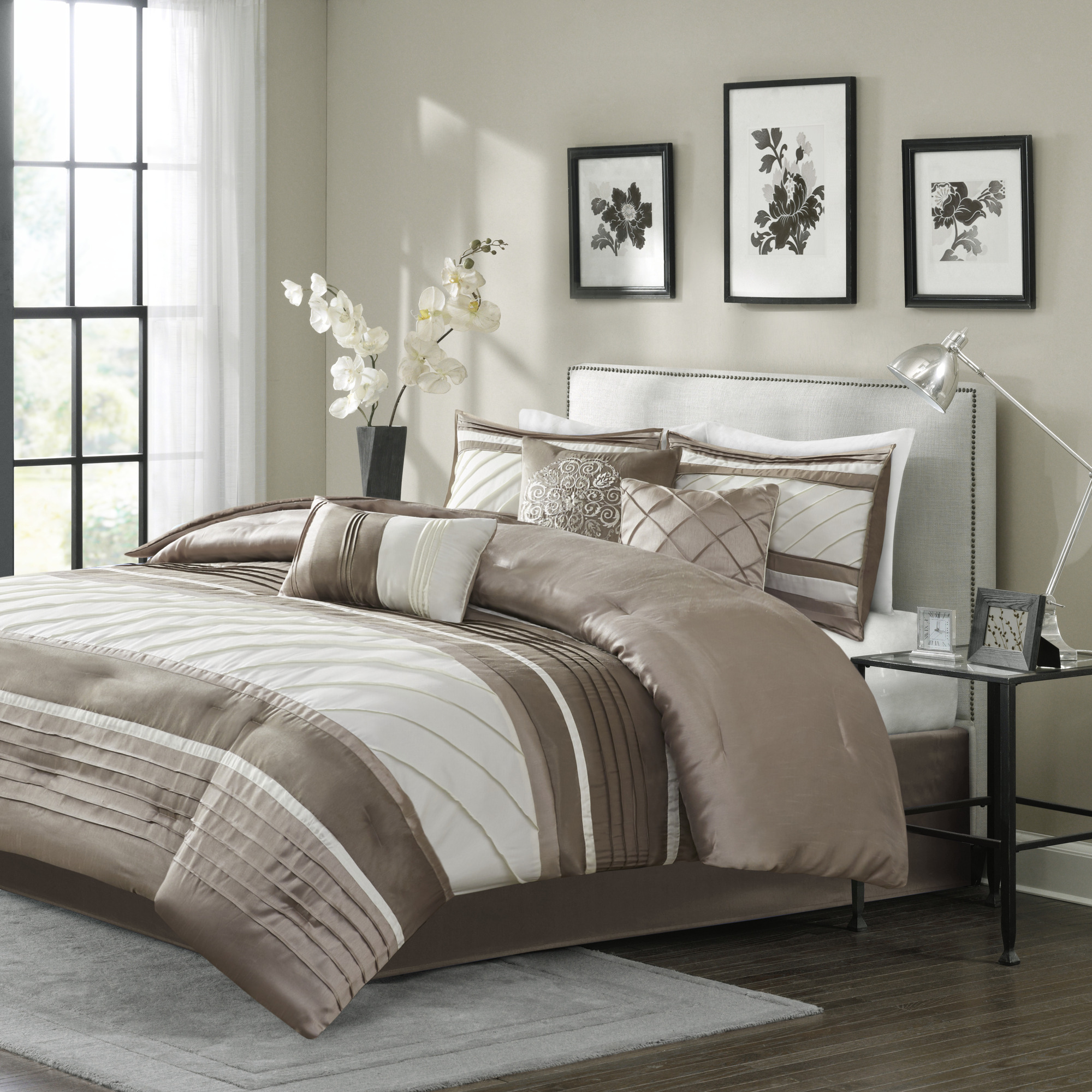 Home Essence 7 Piece Comforter Set, Queen, Tan