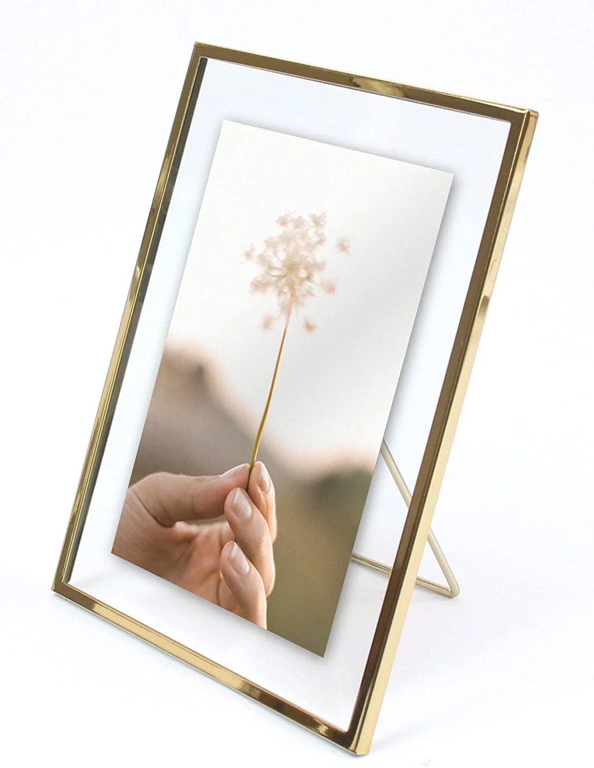 Gold Metal Floating Pressed Glass Picture Frame with Metal Easel, Photo