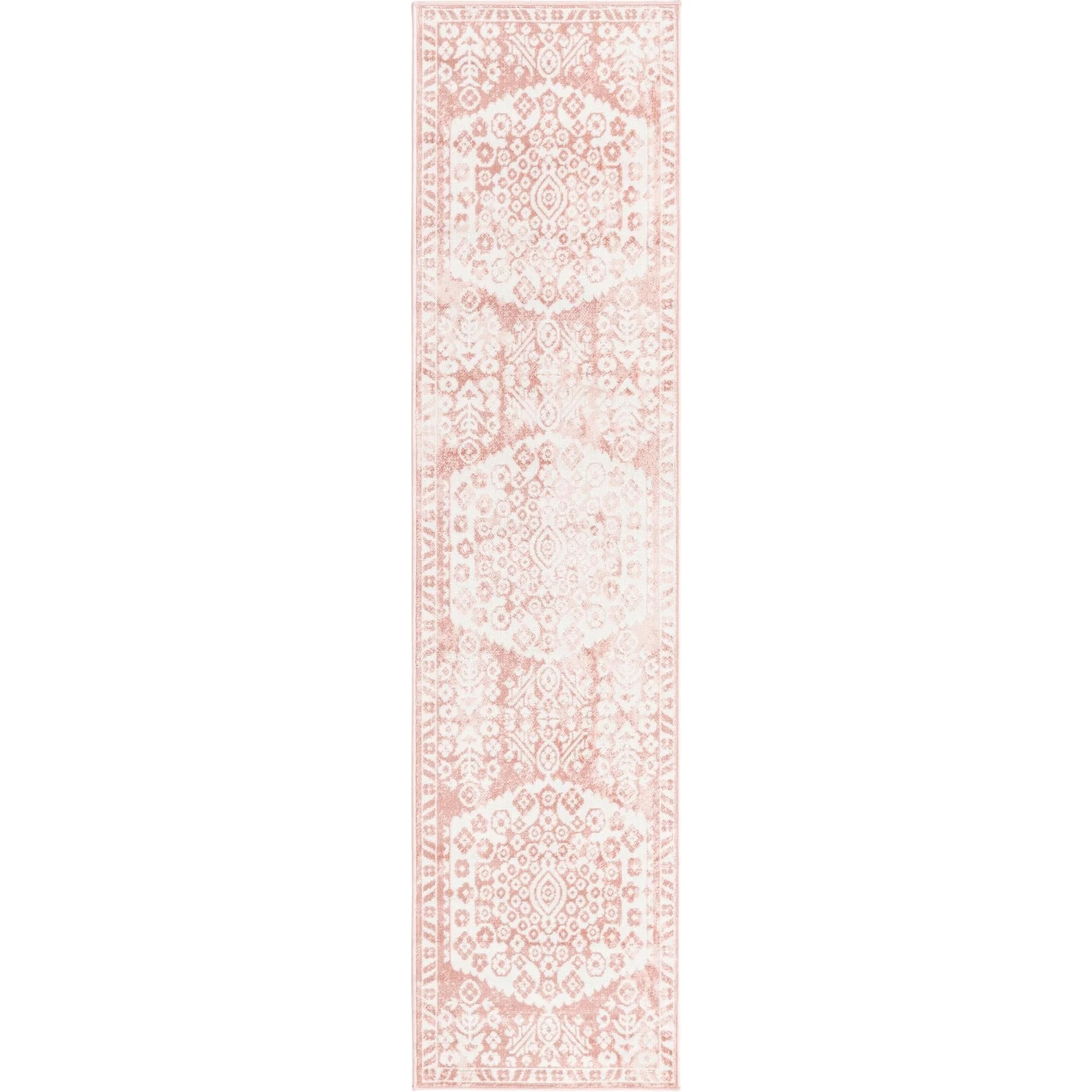 2' x 8' Pink and Ivory Floral with Border Rectangular Rug Runner