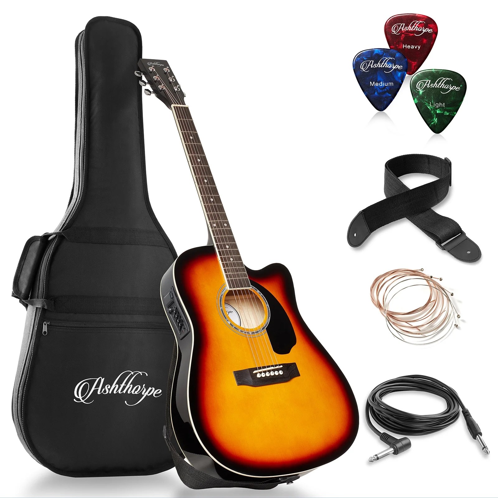 Ashthorpe FullSize Cutaway Thinline AcousticElectric Guitar Package