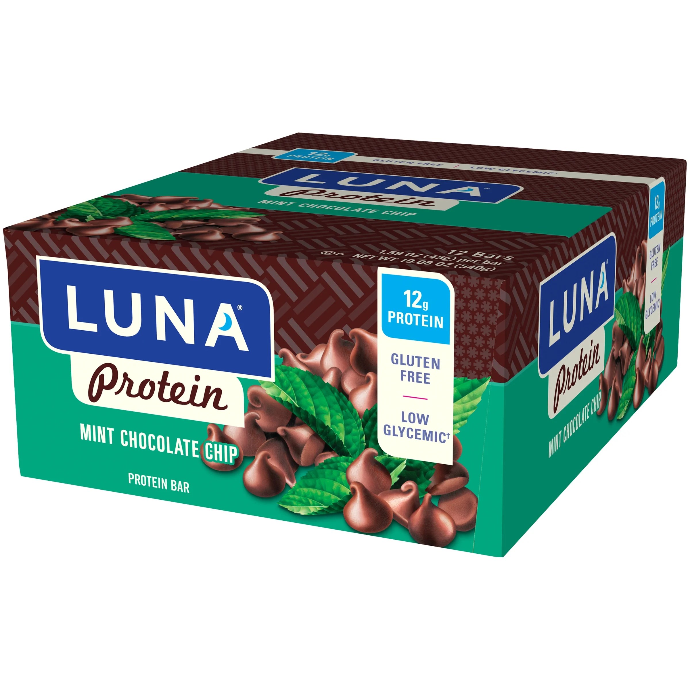 Clif Bar Luna Protein Bars Box for Women Mint Chocolate Chip 12 Bars