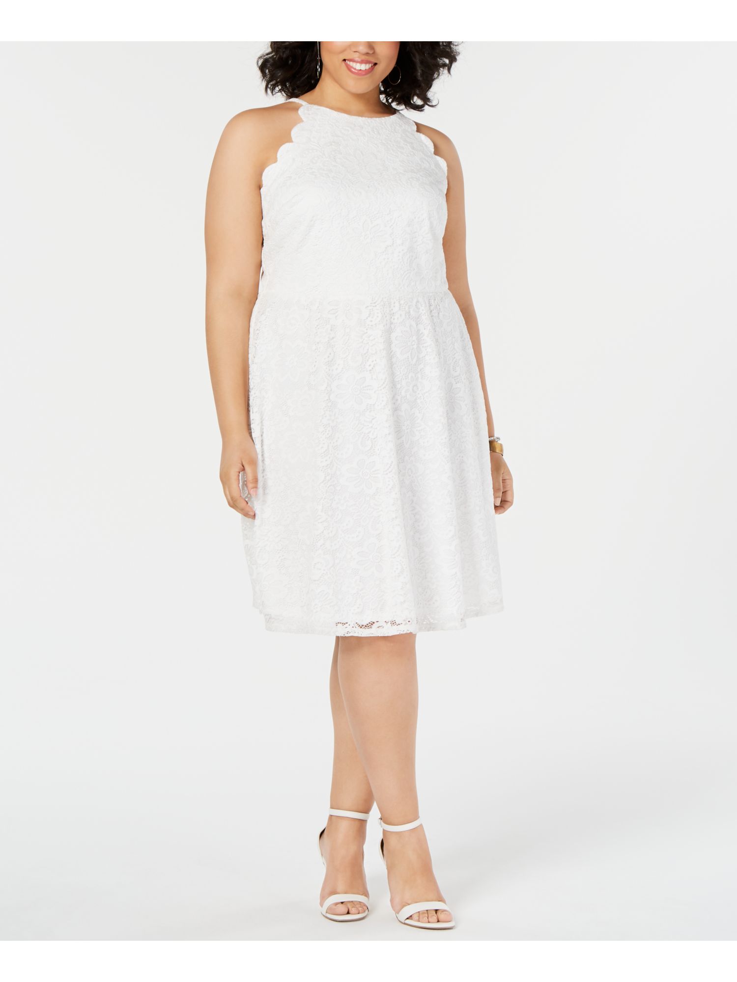 BCX BCX Womens White Lace Sleeveless Crew Neck Midi Shift Cocktail