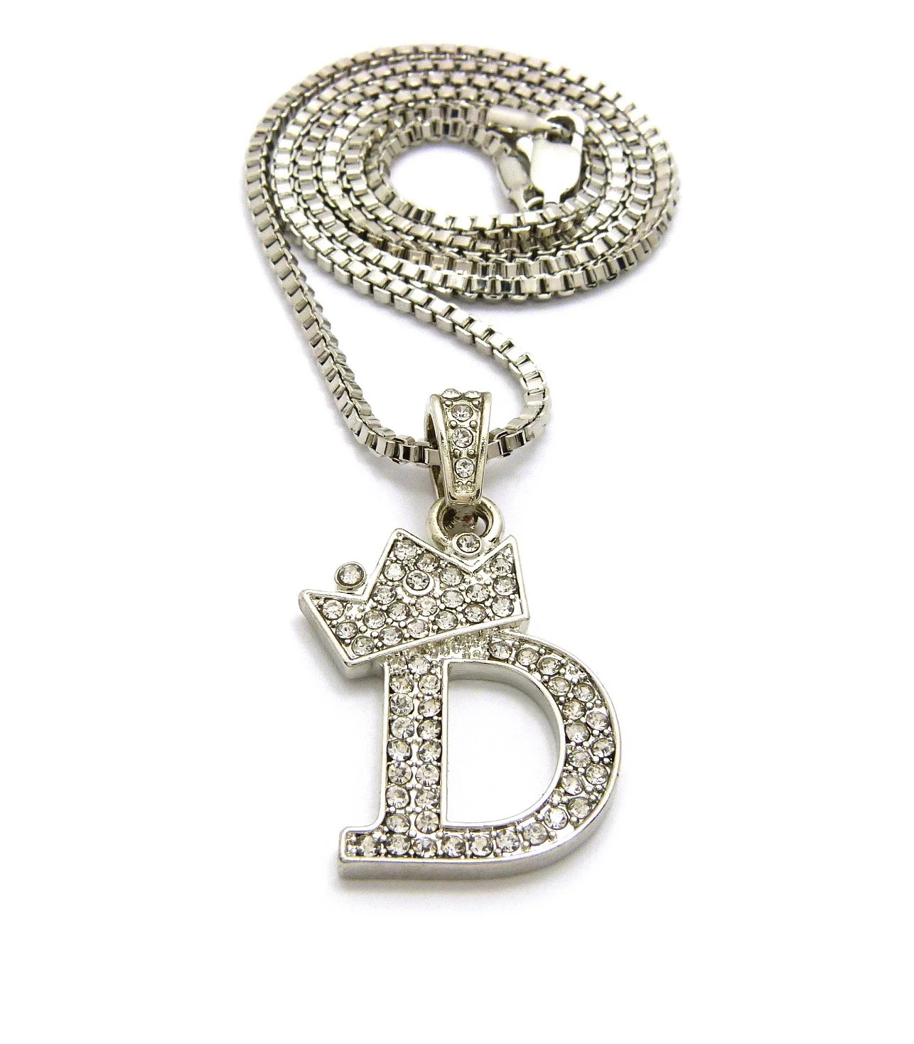 Unisex Stone Stud Tilted Crown Letter Initial Micro Pendant 2mm Box