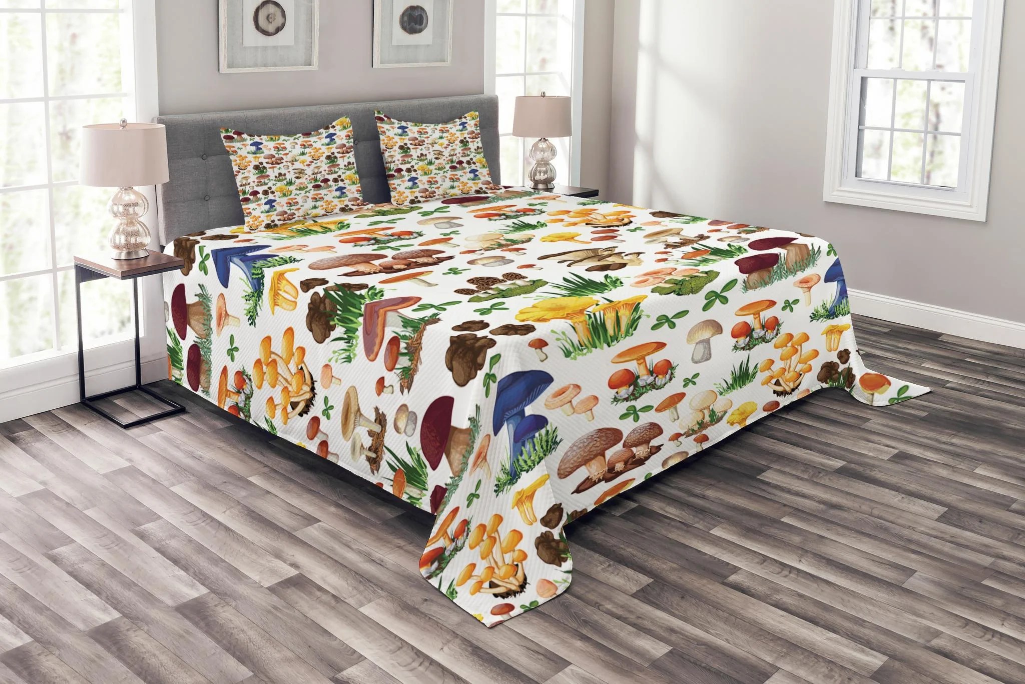 Mushroom Bedspread Set, Pattern with Types of Mushrooms Wild Species