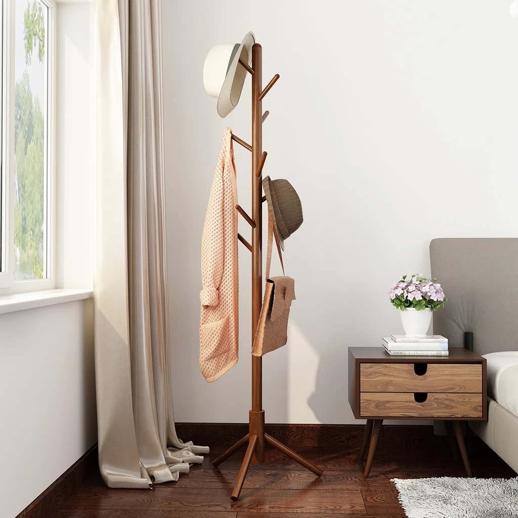 LANGRIA Wood Coat Rack Free Standing, with 8 Hooks Wood Tree Coat Rack