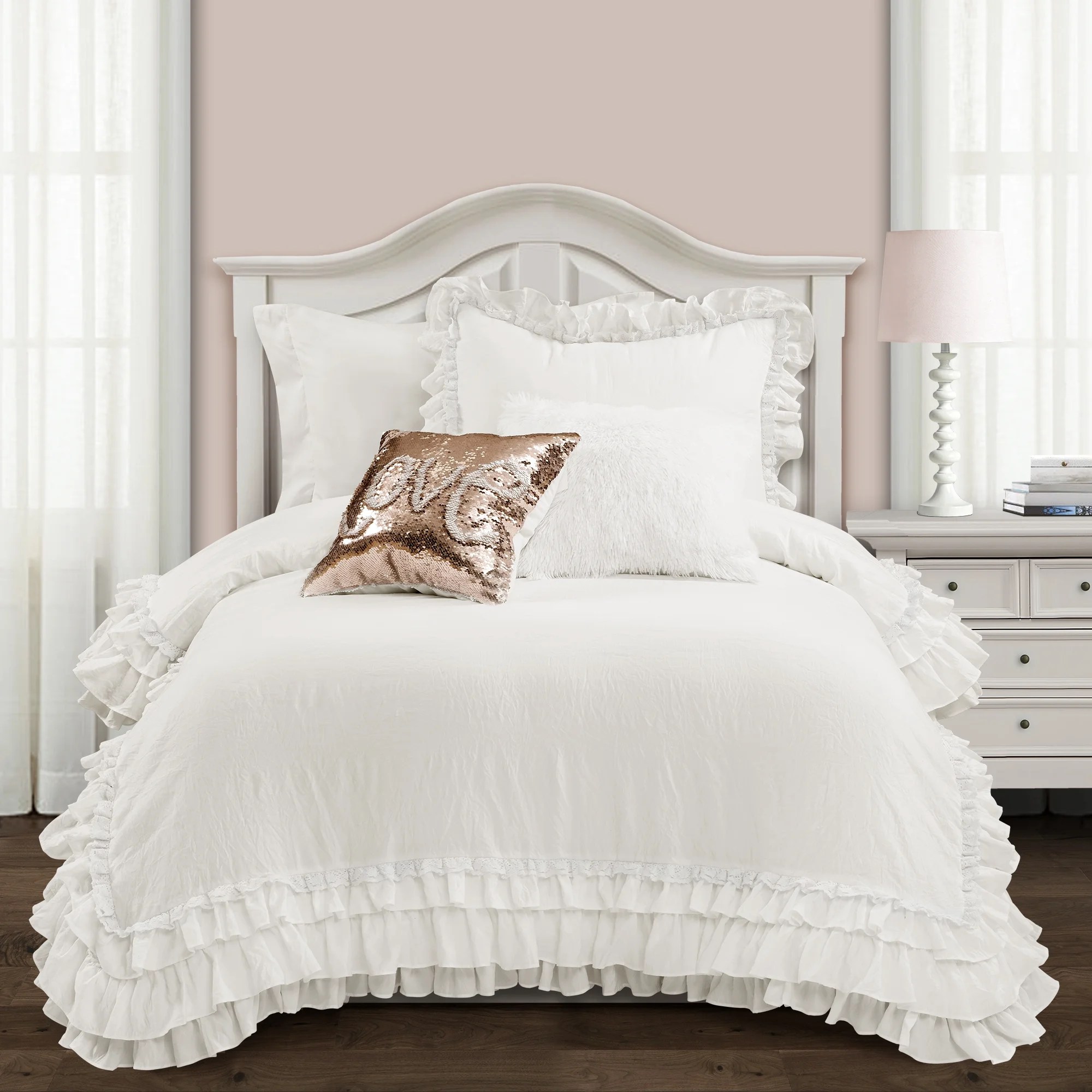 Lush Decor Ella Parisian Vintage Chic Ruffle Lace Comforter White 2Pc