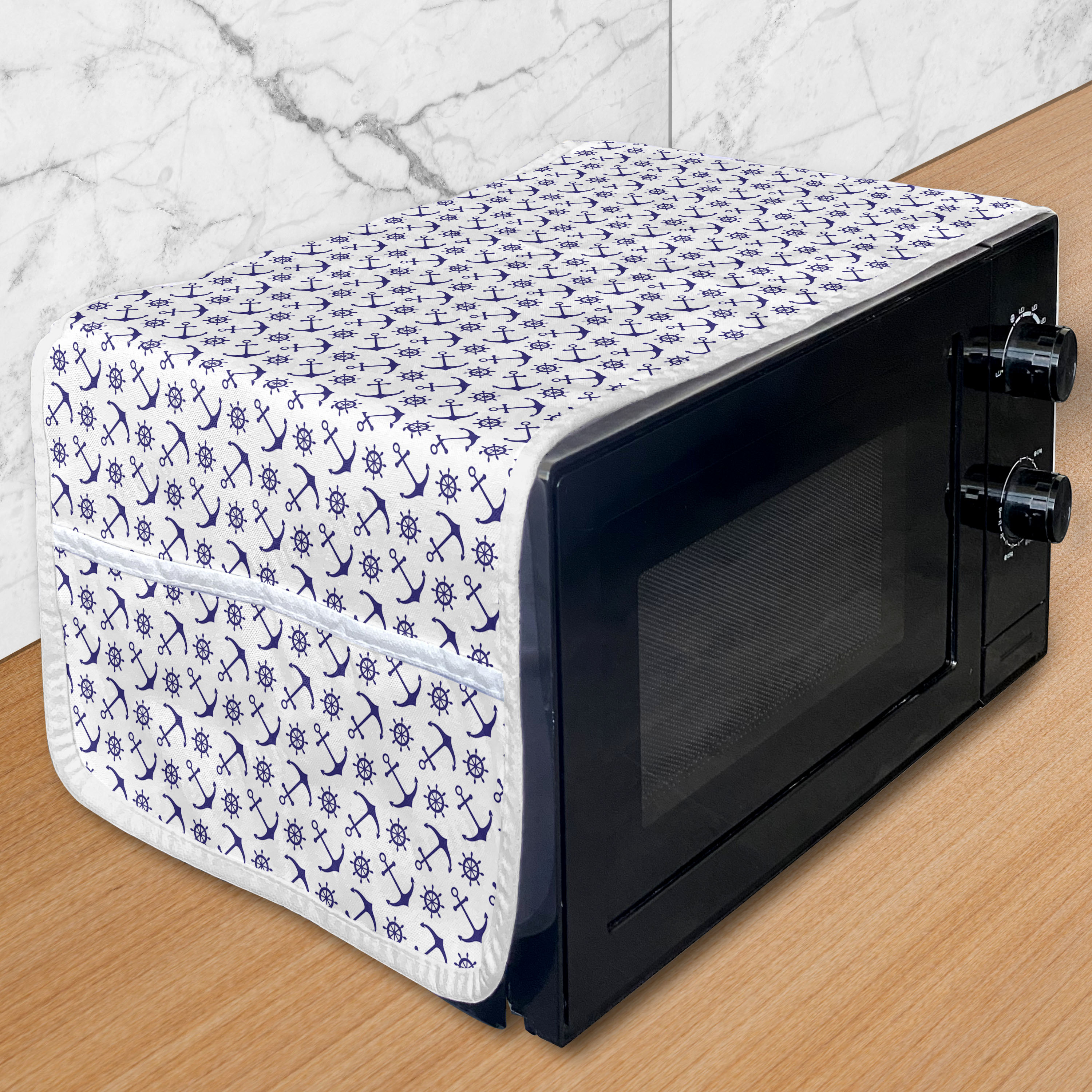 Navy Blue Microwave Oven Cover, Anchors with Ships Steering Wheels