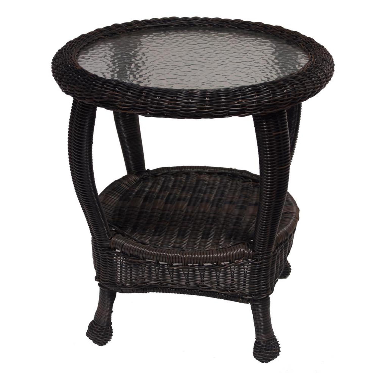 22.25” Rich Black Two Level Resin Wicker End Table with Glass Top