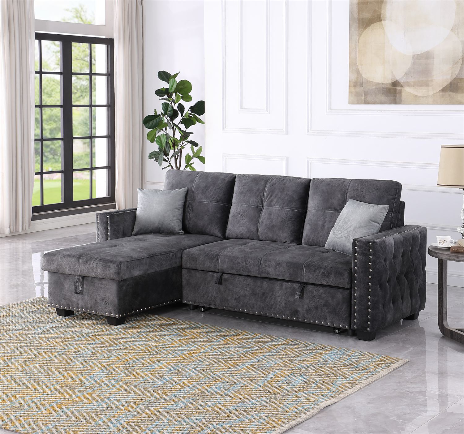 Sectional Sofa Couch with Storage Chaise, LShaped Pull Out Sofa