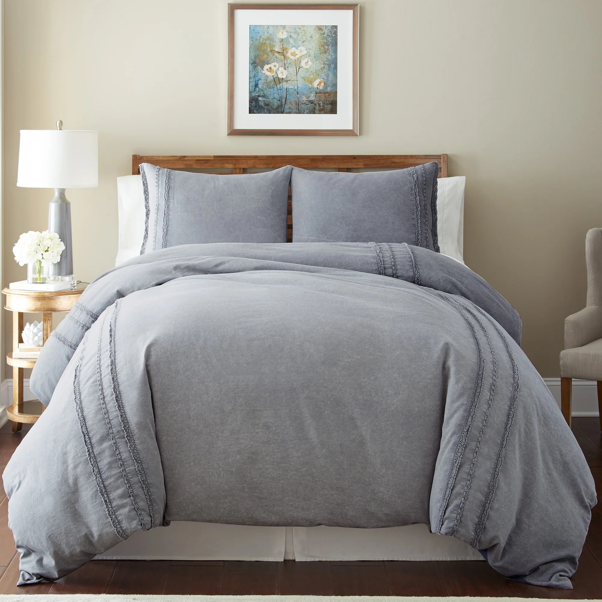 3PC WASHED LINEN DUVET SET WITH LACE