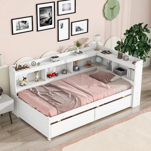 Daybed with Lshaped Bookcases, Twin Size Platform Bed with Storage Drawers, Wood