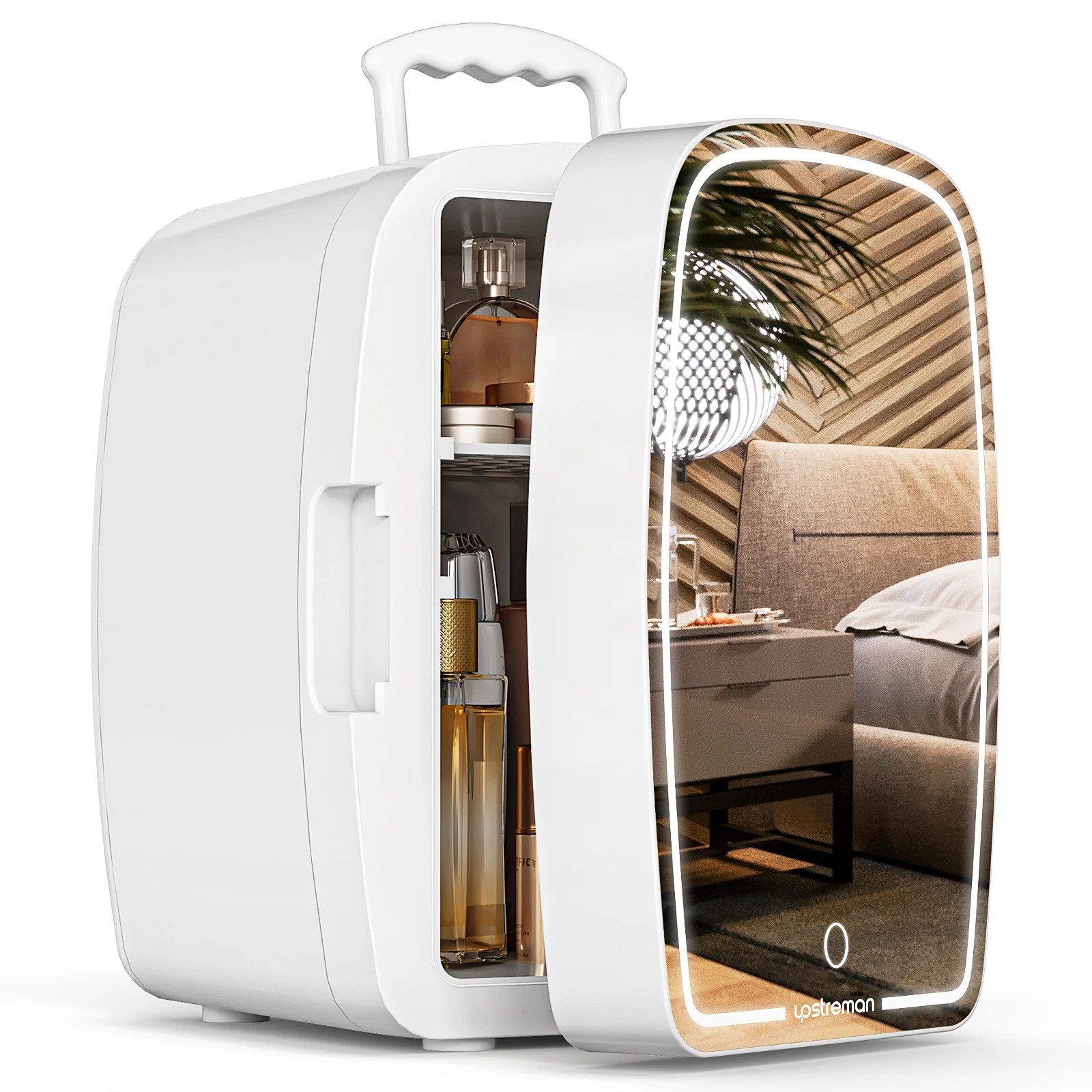 Upstreman Cosmetic Fridge with LED Lighted Makeup Mirror, 6L AC/DC Mini Refrigerator for