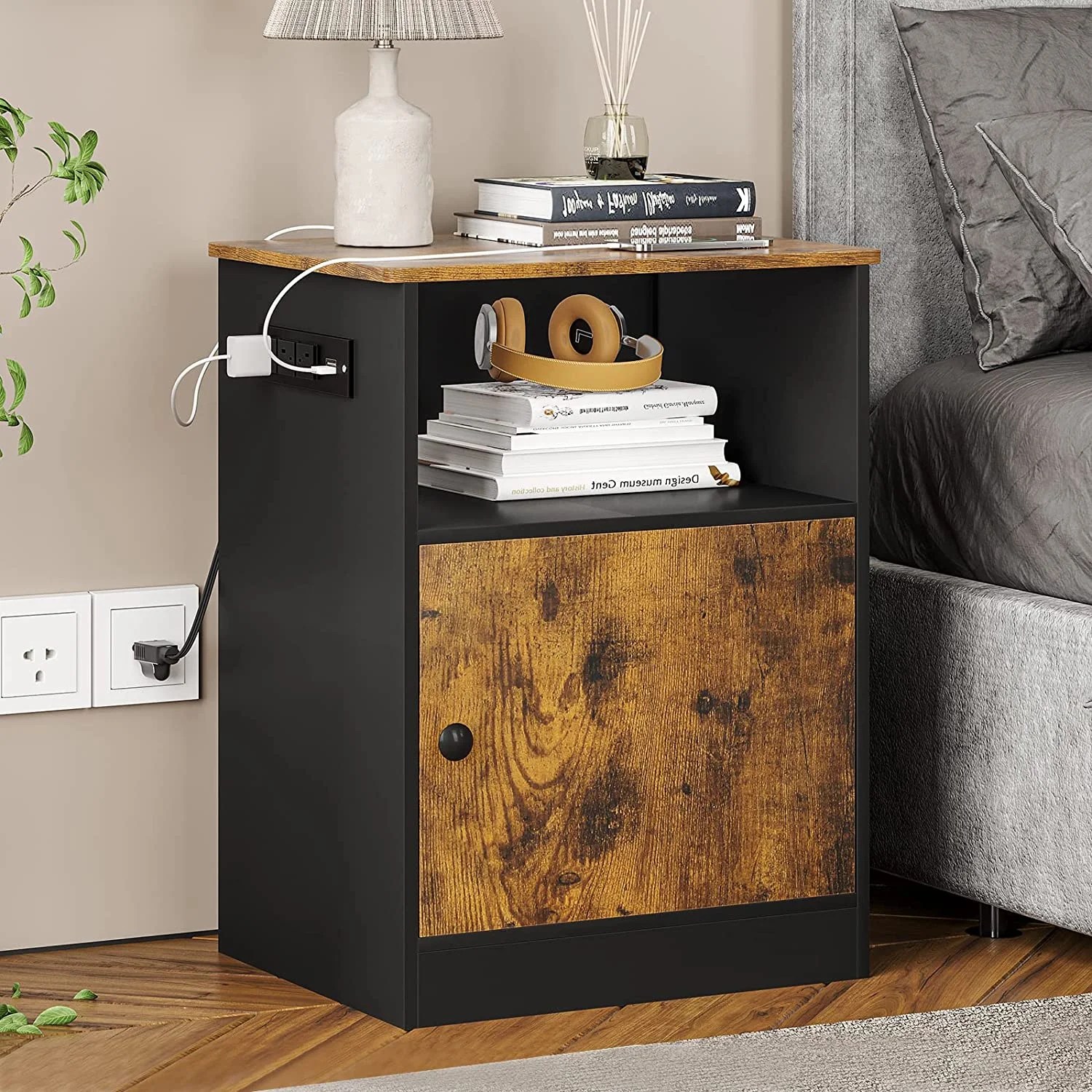 Furologee Nightstand With Charging Station, End Table With USB Ports