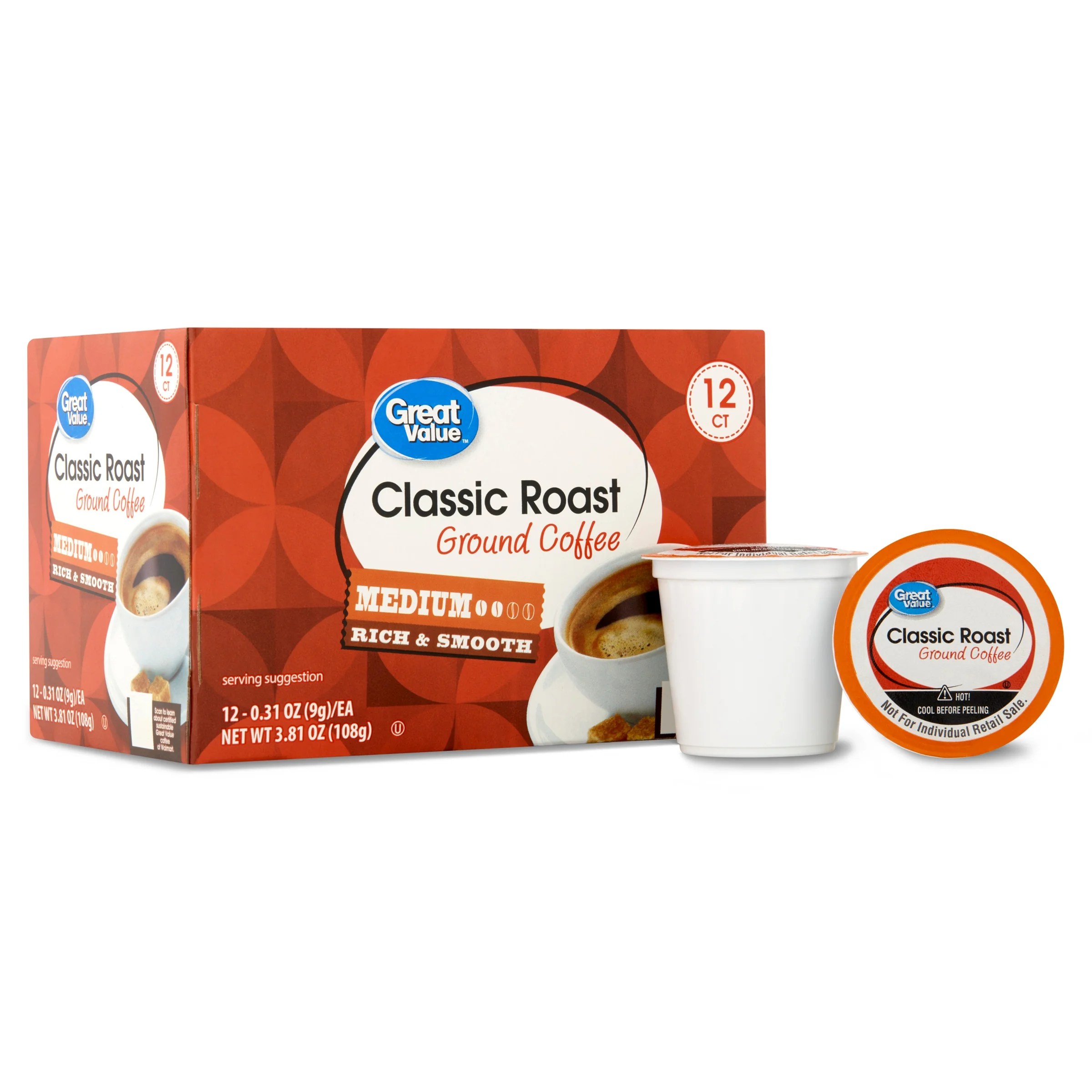 Great Value Classic Roast Ground Coffee Pods, 0.31 oz, 12 Count