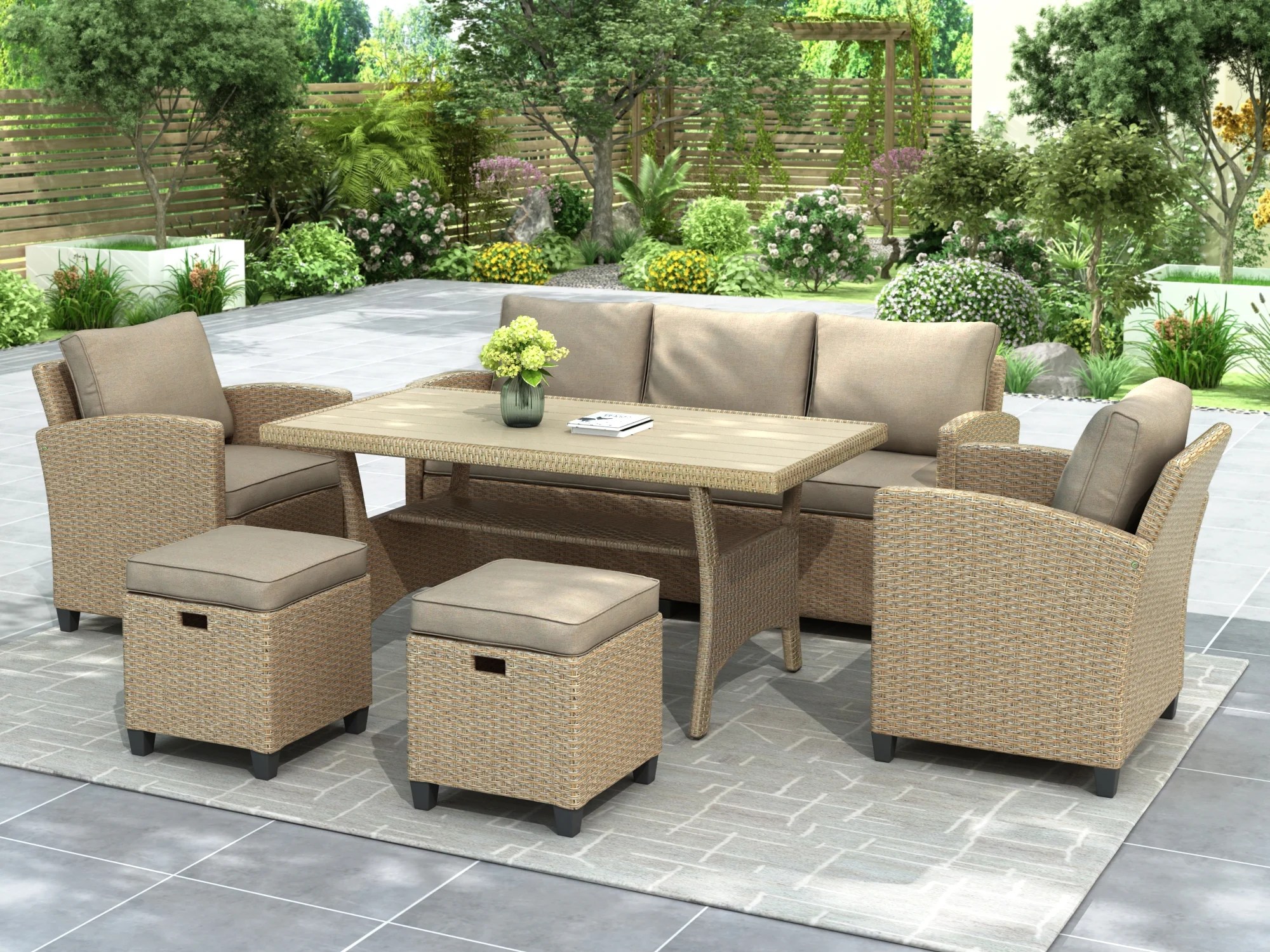 Outdoor Conversation Set, 6 Piece Patio Furniture Set with 3Seat Sofa