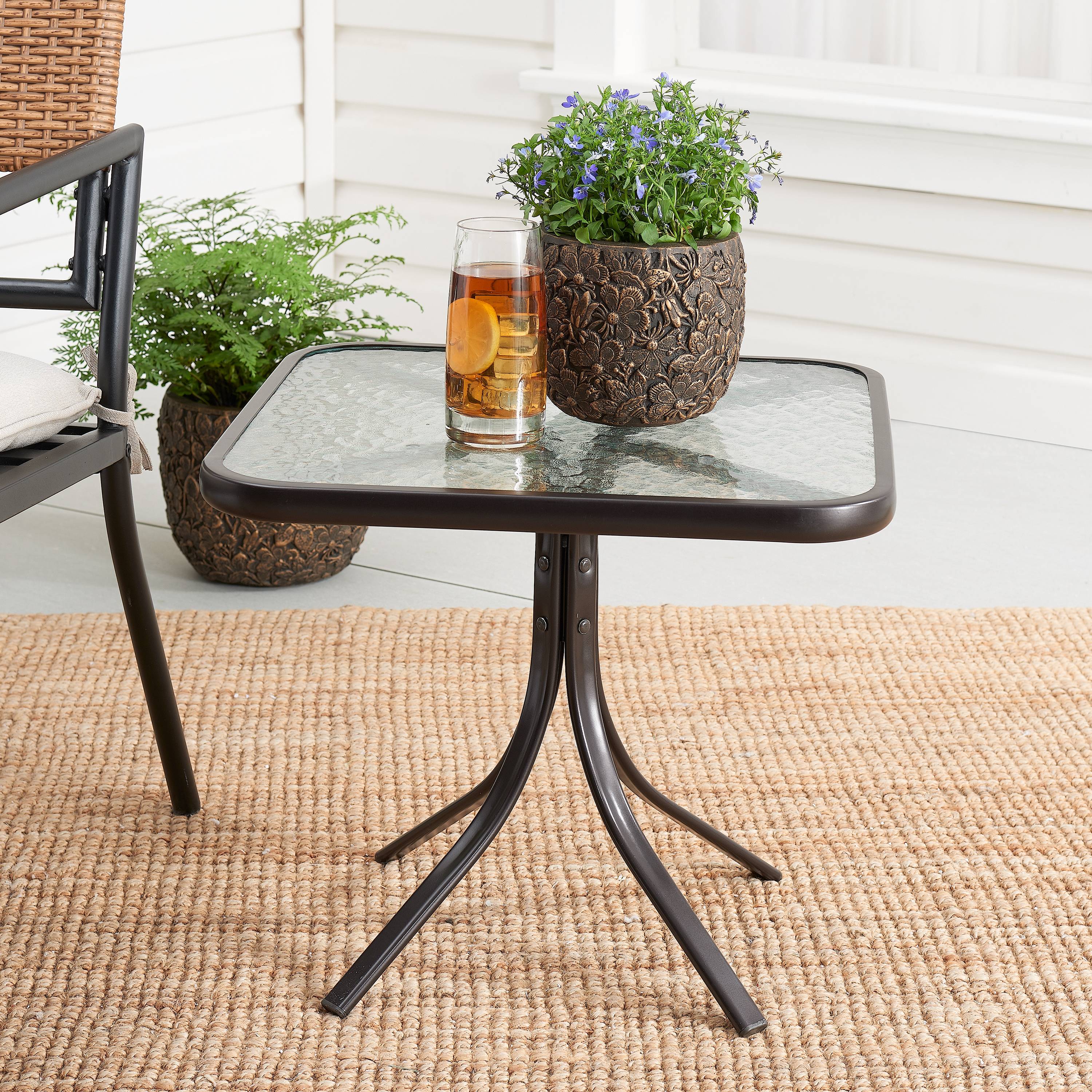 Mainstays Square Glass Patio Table, 20" x 20", Dark Brown Finish