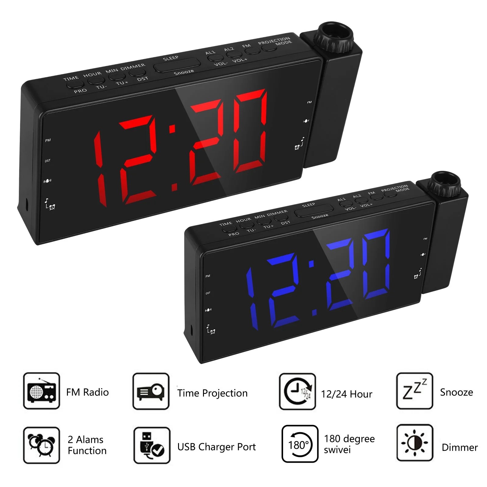 Projection Clock with AM/FM Radio, Sleep Timer, Bedroom Desk Wall