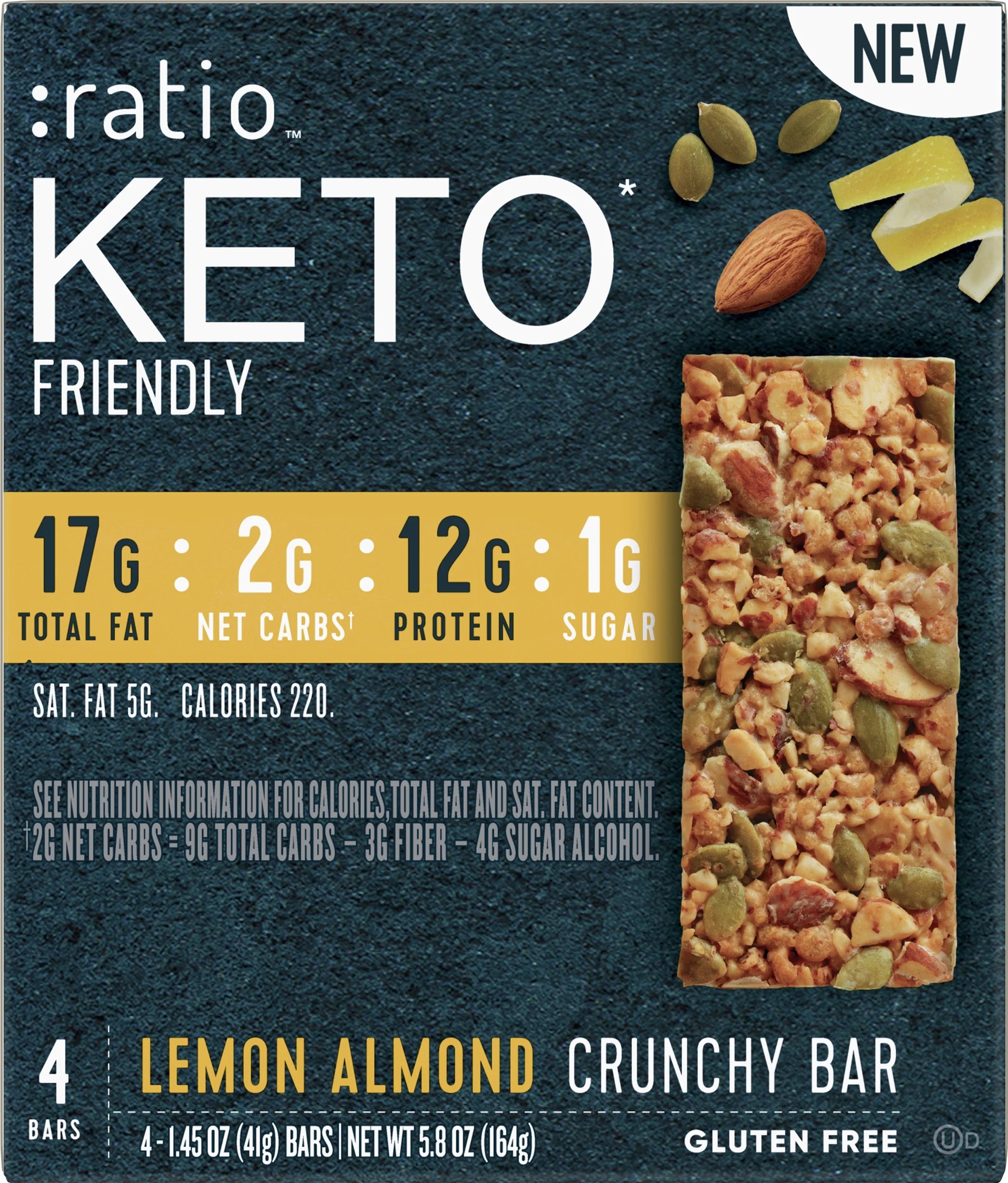 ratio KETO* friendly Lemon Almond Crunchy Bar, Gluten Free, 4 ct Box