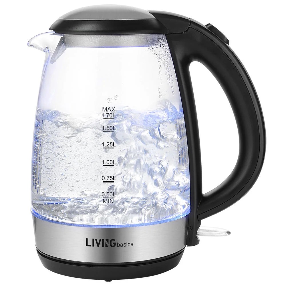 1.7L Electric Kettle Glass Water Boiler with Blue LED Indicator, Auto