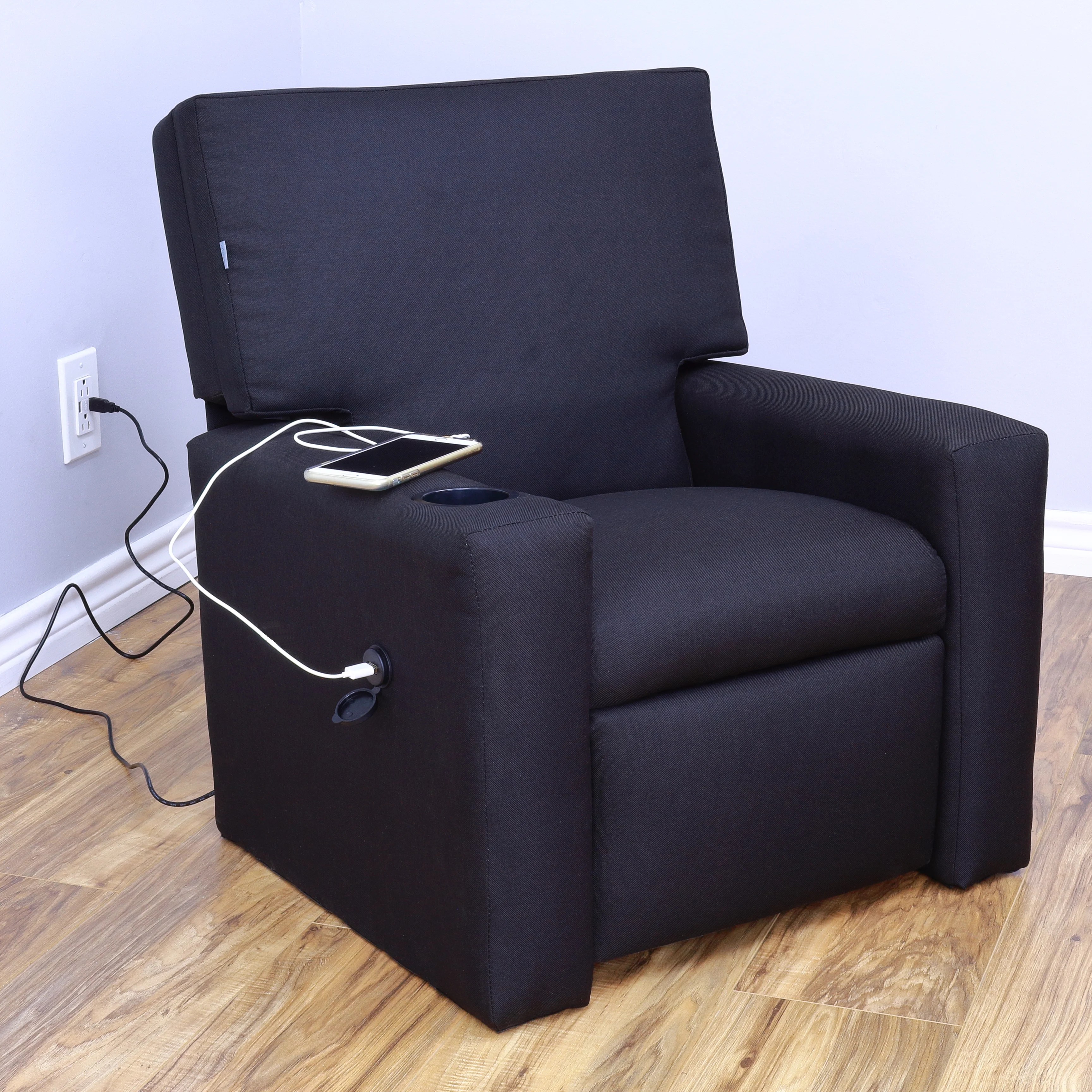 Modern Kids Recliner with USB Charger and Cup Holder Black The Crew Modern Kids Recliner with USB Charger and Cup Holder Black The Crew