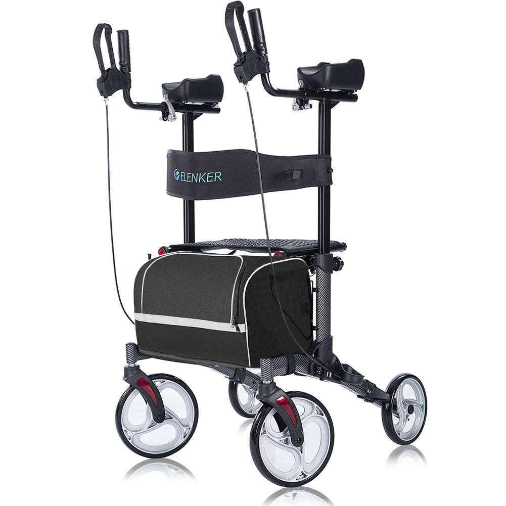 ELENKER Upright Rollator Walker, Tall Folding Rollator Walker with 10” Front Wheels for Seniors