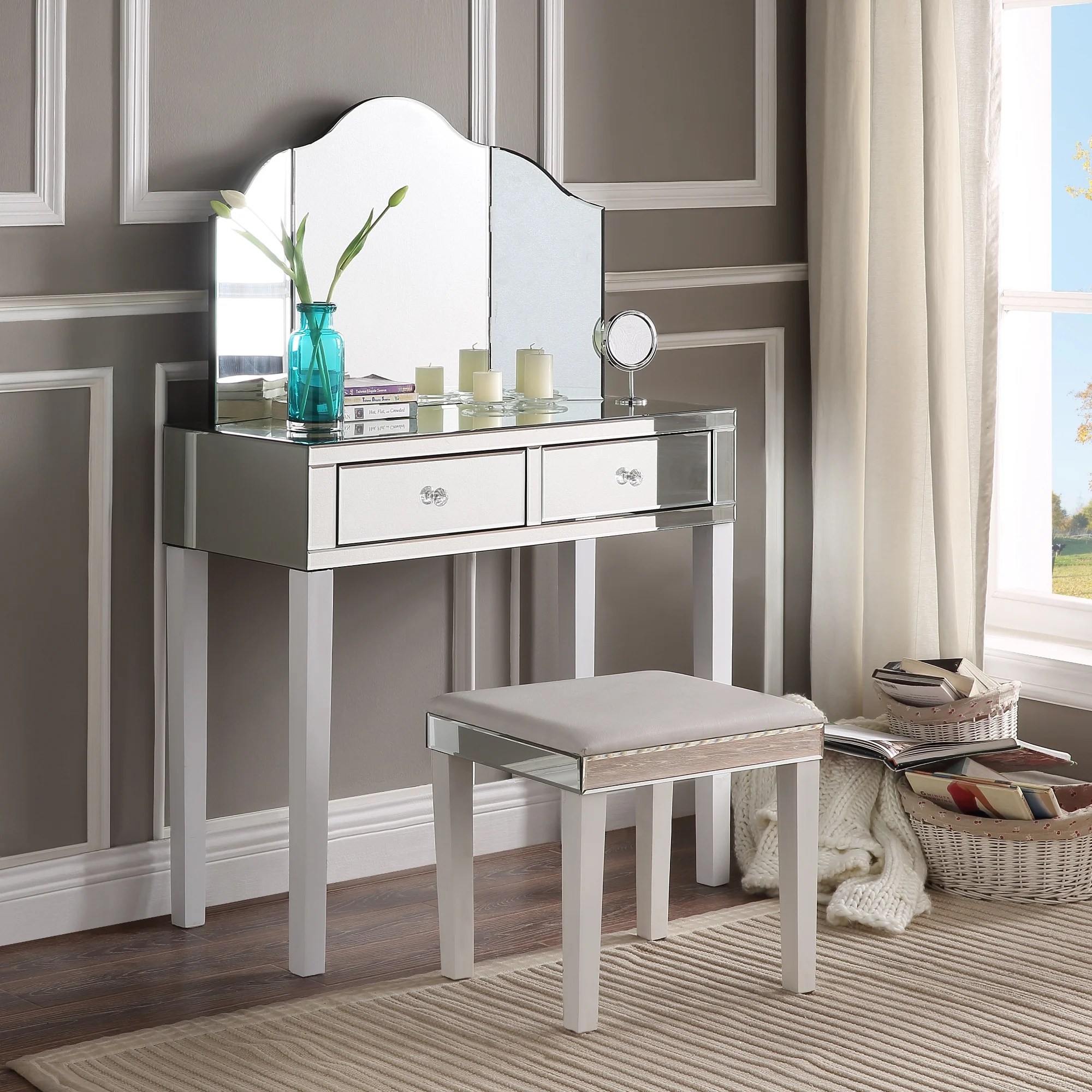 Milano Mirrored Vanity Set 2 Drawers 3 Piece Set Corner Option Milano Mirrored Vanity Set 2 Drawers 3 Piece Set Corner Option