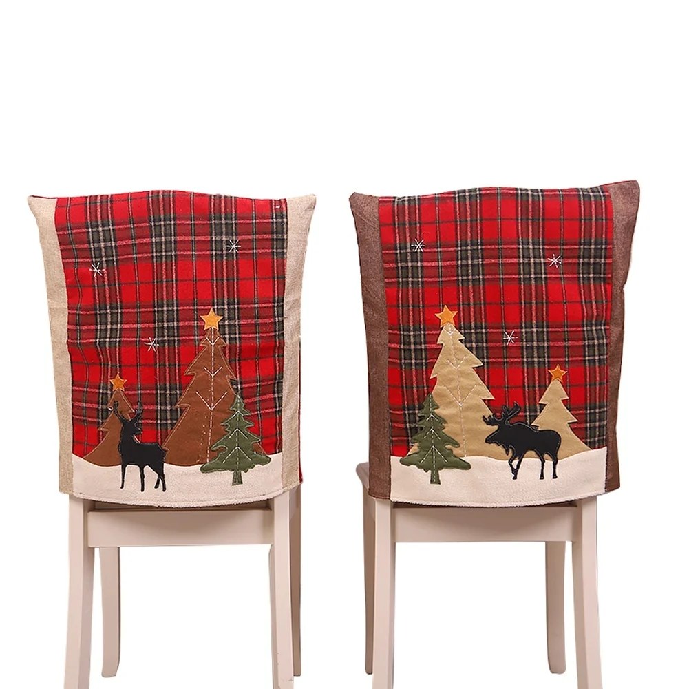 Christmas Chair Back Cover Christmas Forest Plaid Elk Christmas Chair Back Cover Christmas Forest Plaid Elk