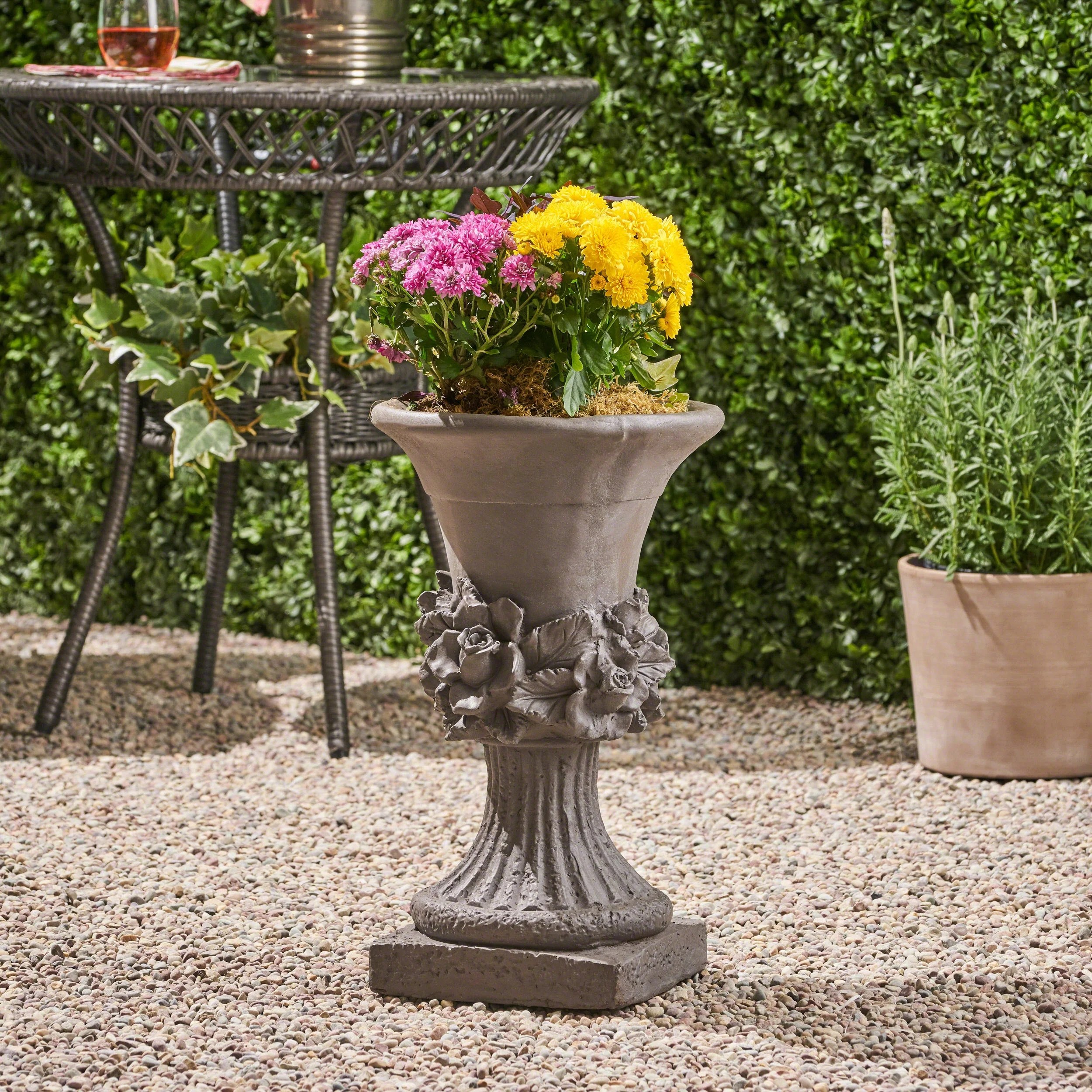 Michaelia chalice garden urn planter, roman, botanical, antique gray