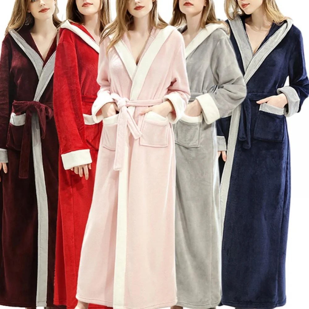 Women Ladies Hooded Extra Long Warm Bathrobe Thicken Flannel Bath Robe
