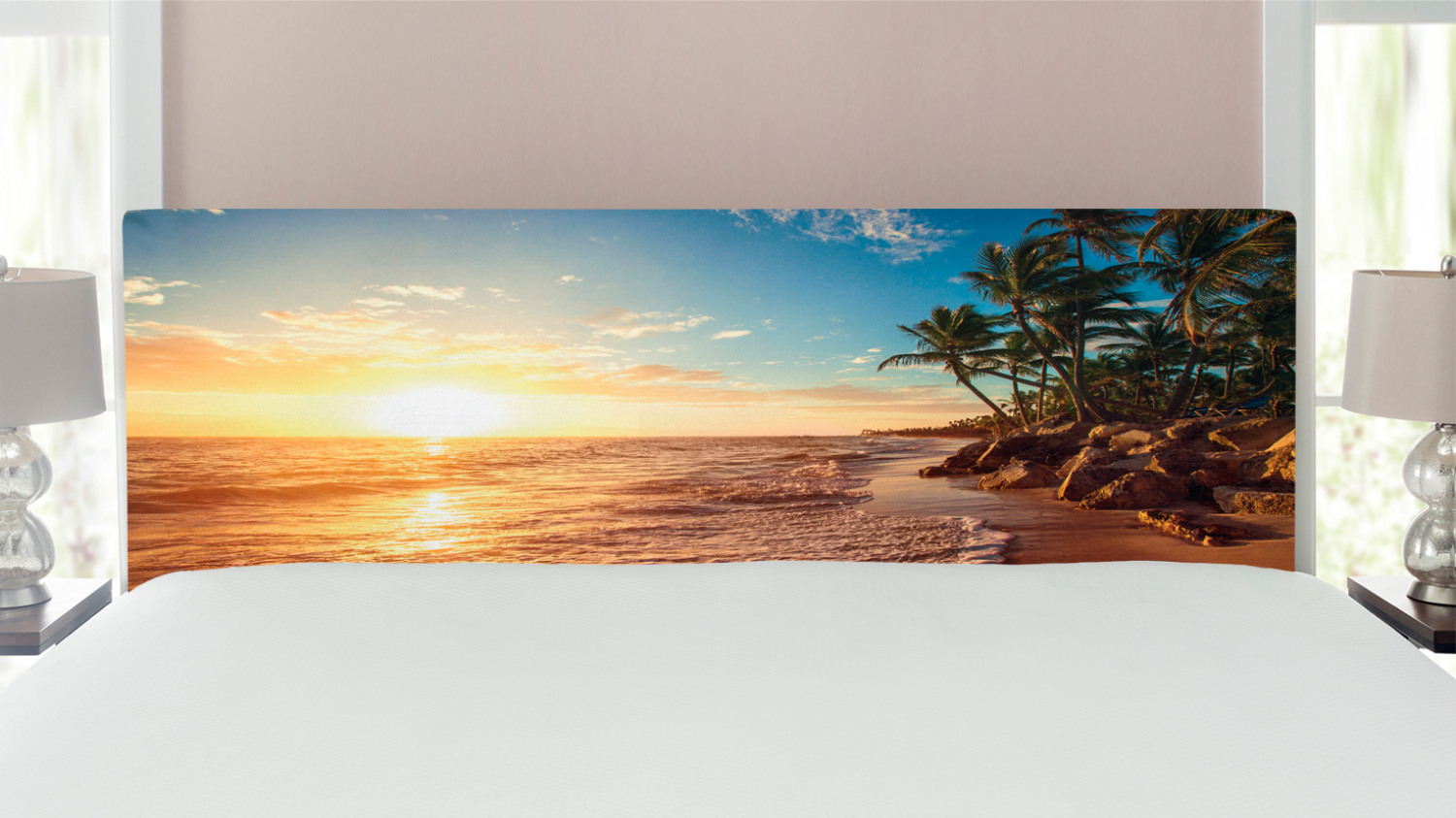 Tropical Headboard, Palm Trees on Tropical Beach Sunrise Morning View