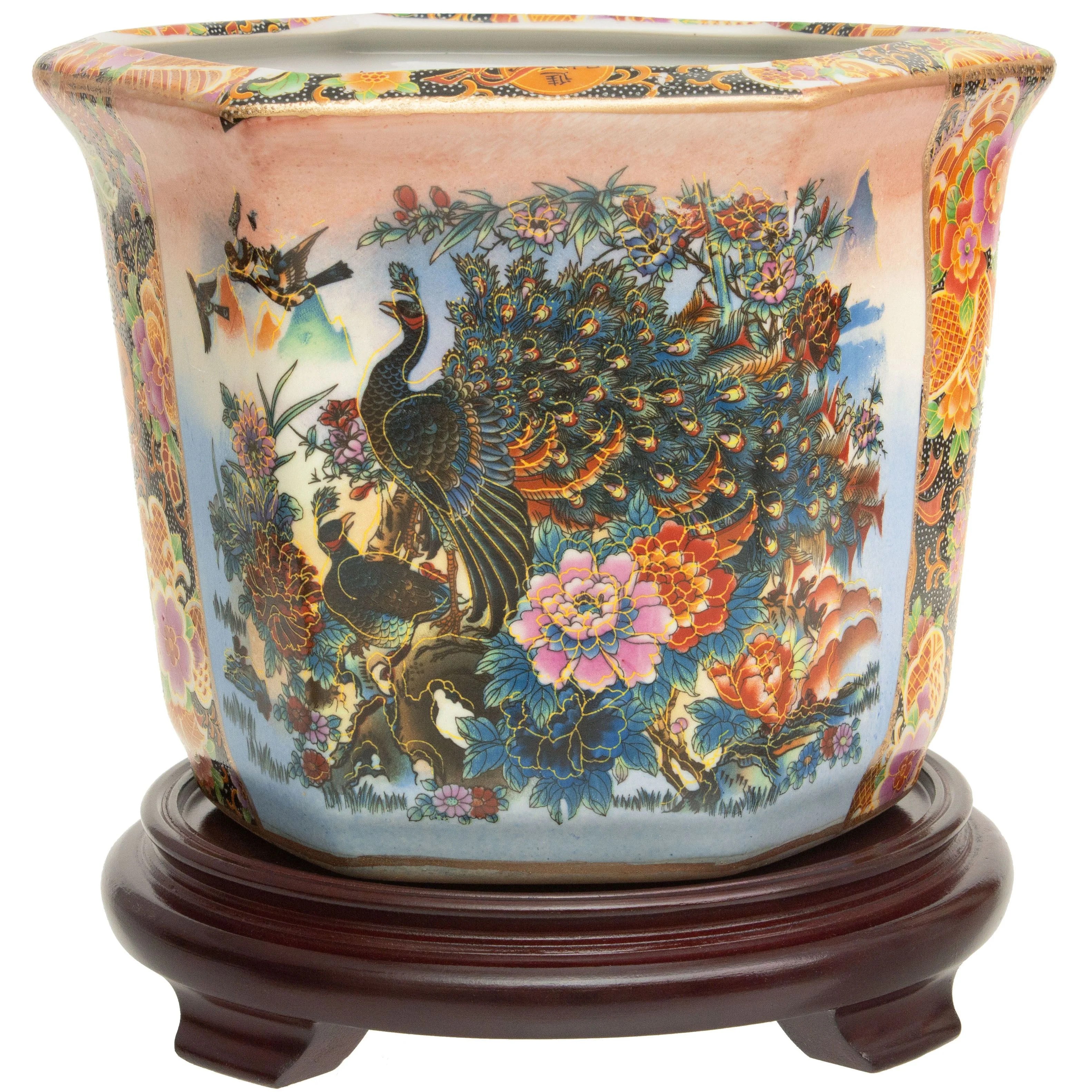 Oriental Furniture 10" Satsuma Garden & Peacock Porcelain