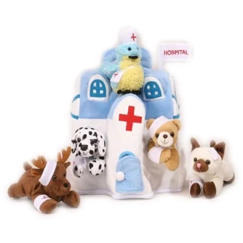 Plush Animal Hospital House with Animals Five (5) Stuffed Injured