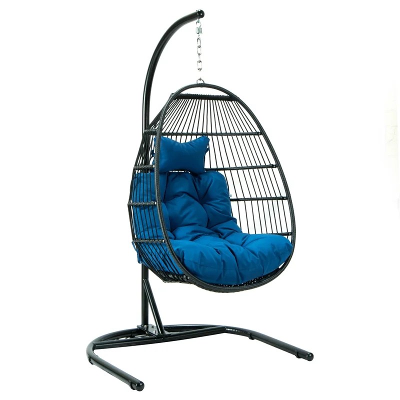 LeisureMod Patio Black Wicker Folding Hanging Egg Swing Chair in Blue