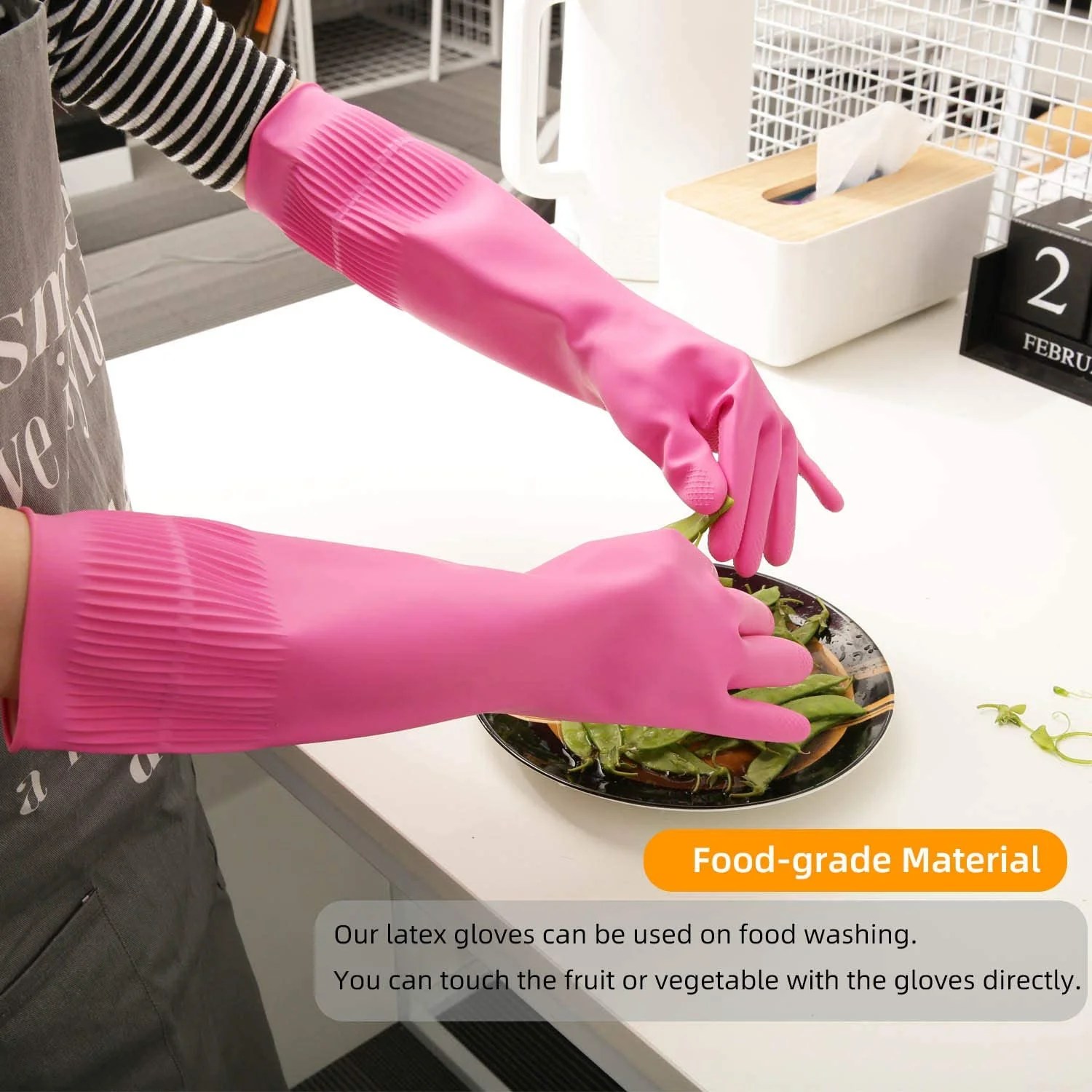 VONTER Reusable Dishwashing Latex Gloves, Long Sleeve Cleaning Gloves