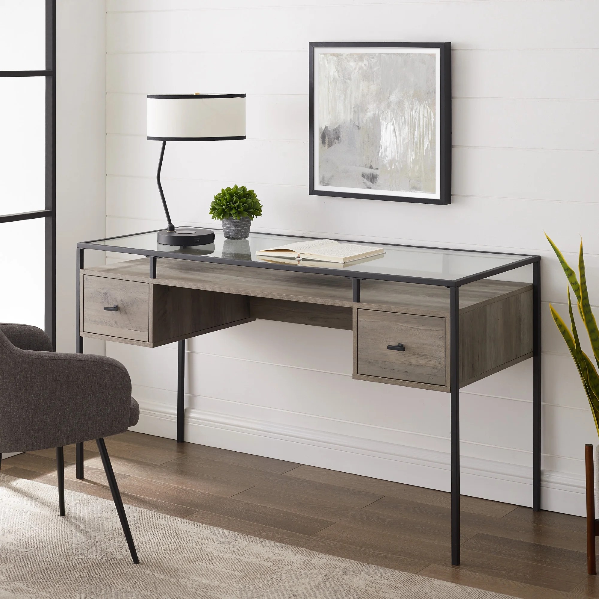 Carlisle Grey Wash 2Drawer Glass Top Writing Desk by River Street
