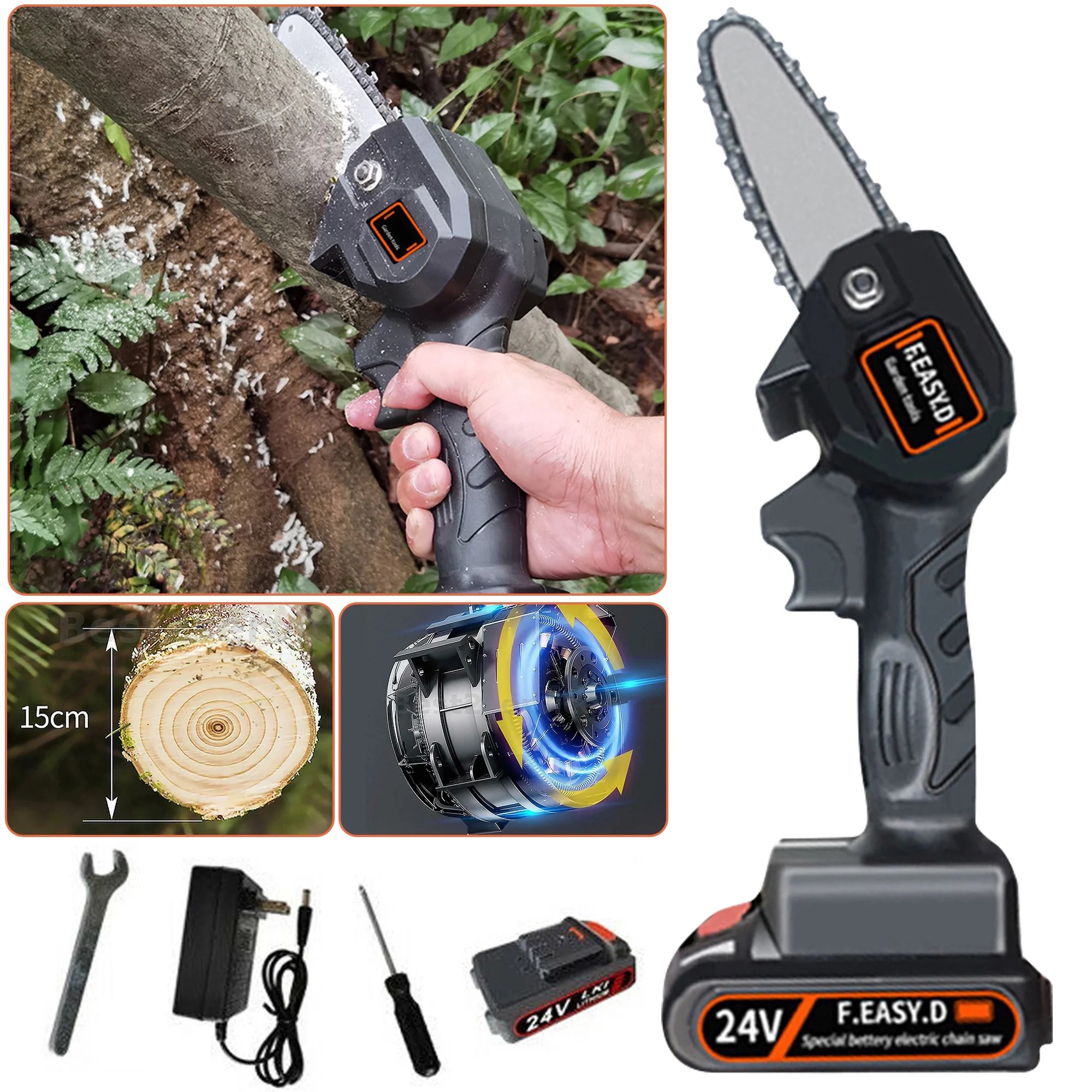 4 inch Hand held Cordless Chain Saw, Battery Powered Chainsaw for Wood Cutting, Tree Branches